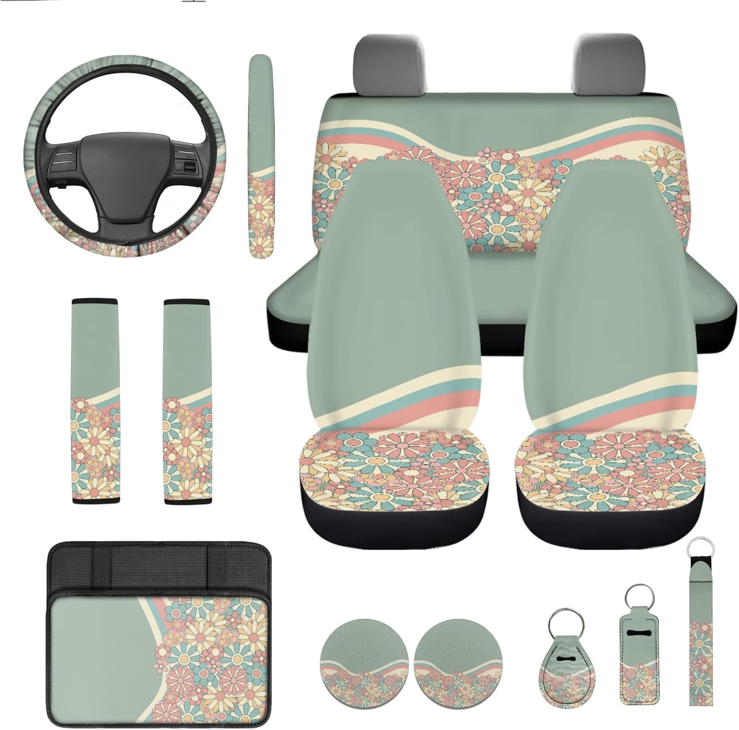 CLOHOMIN Hippie Flowers Aztec Auto Seat Cover Full Set of 13 Green Steering Wheel Cover Seat Belt Pads Armrest Cover Cup Holders Key Ring Car Accessories Set