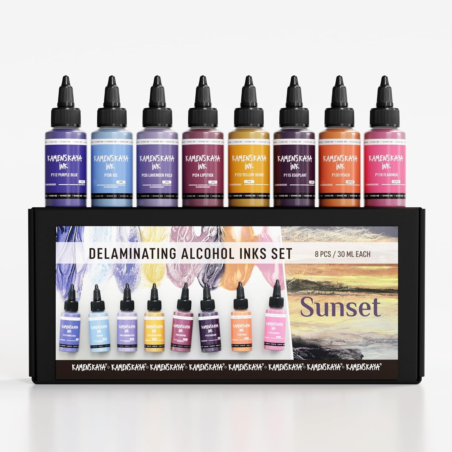 KAMENSKAYA Delaminating Alcohol Inks - Delaminating Ink Set 'Sunset' - 8 pcs. 1 Fl Oz (30 ml) Each