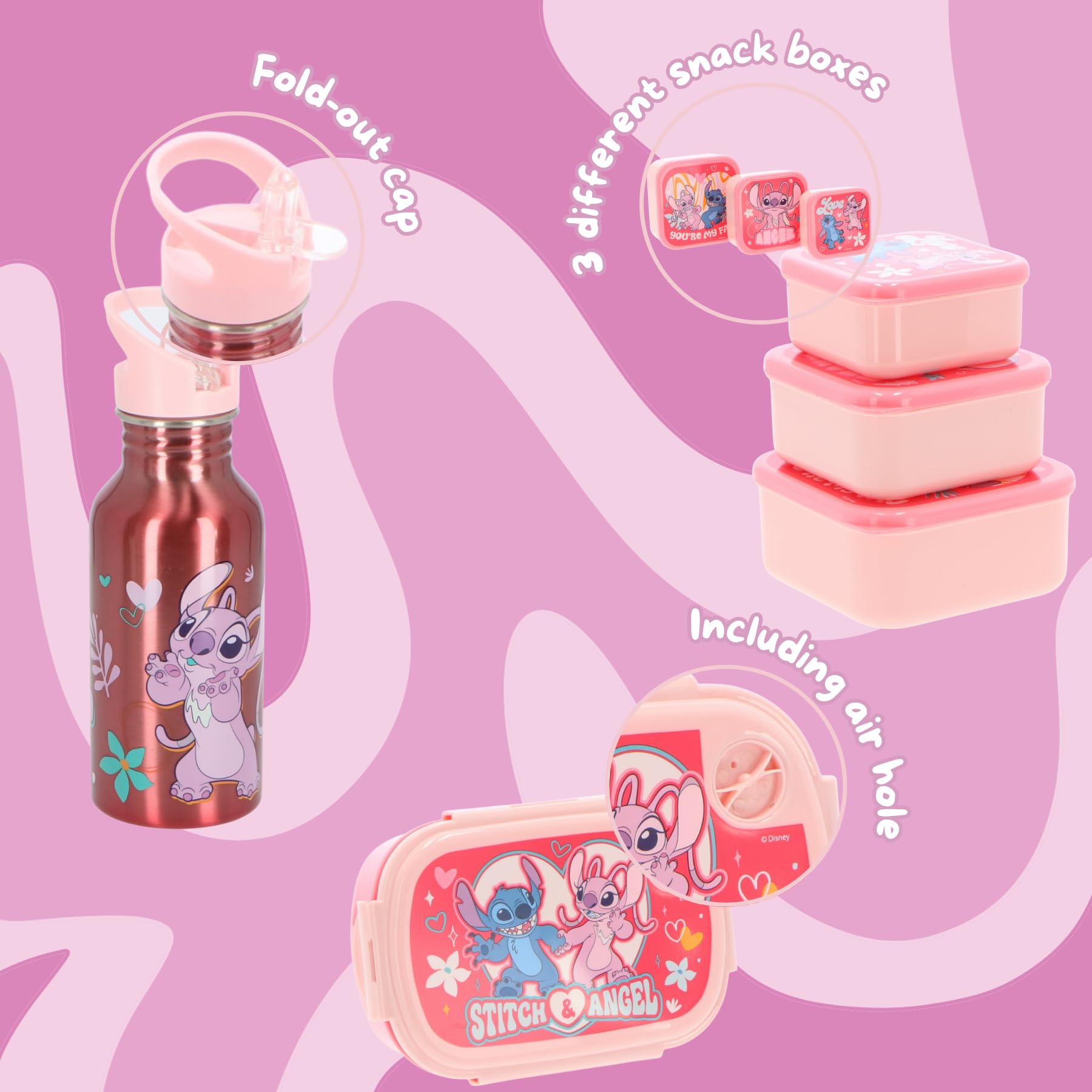 Stitch & Angel Lunchset Rosa Kinder Brotdose, Trinkflasche & 3 Snackboxen