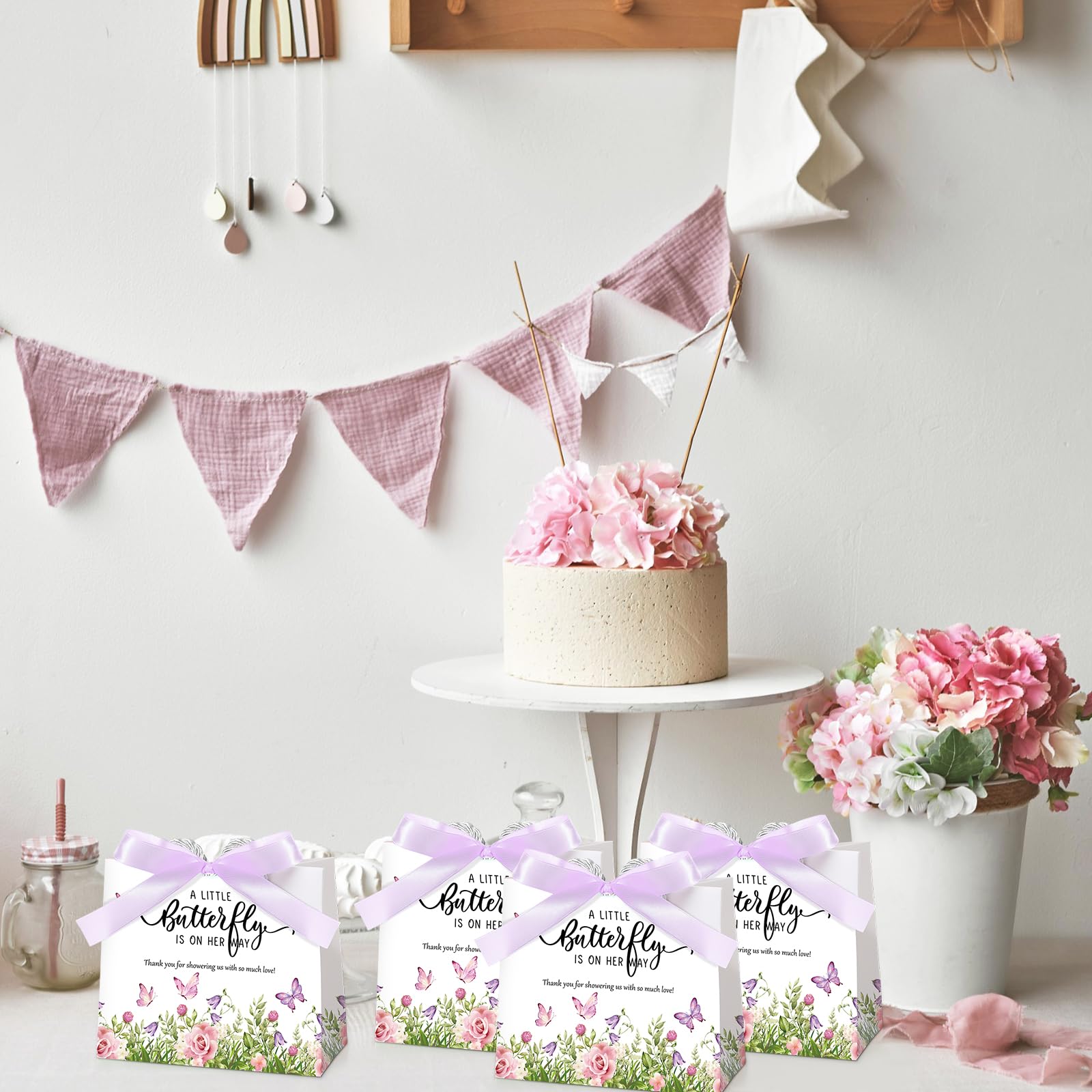 Spakon 25 Pack Butterfly Baby Shower Favors Gift Bags Goodie Bags with Handles and Bow Ribbon for Baby Shower Return Gift