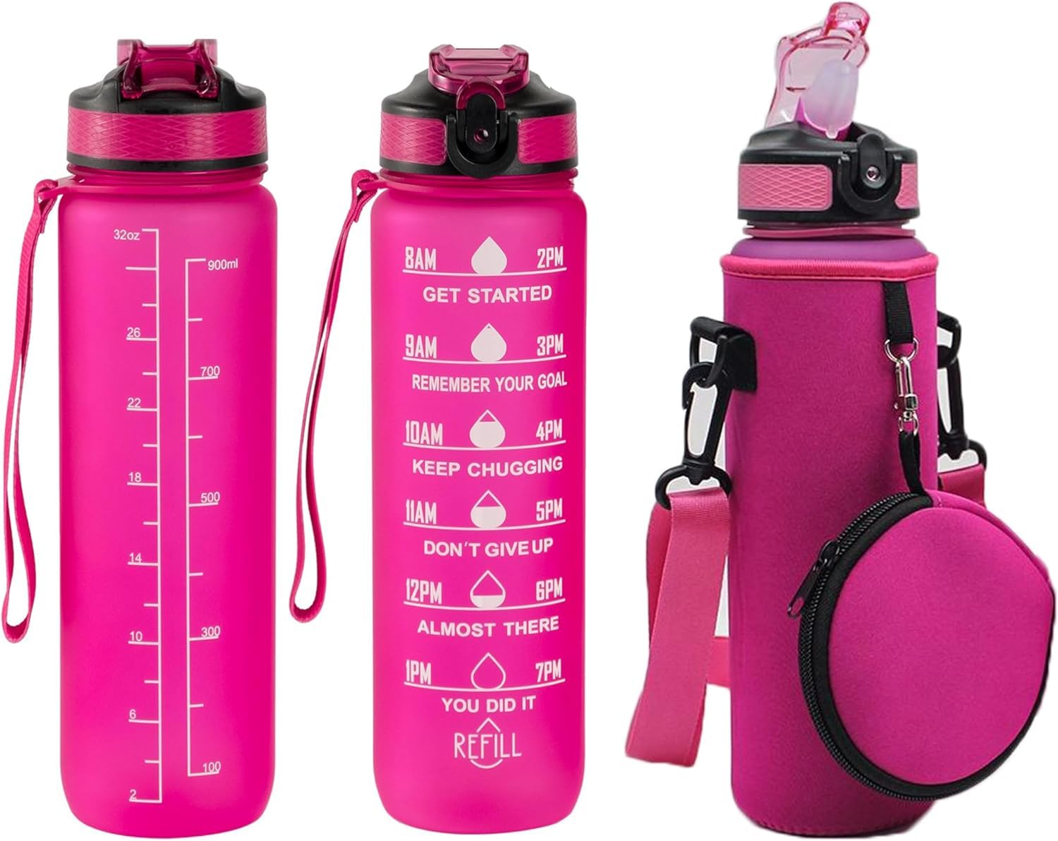 Sparsh & Sell 32oz Motivational Water Bottle – BPA-Free Tritan with Time Marker, Leakproof Straw, and Carry Strap for Gym (Shoking Pink)