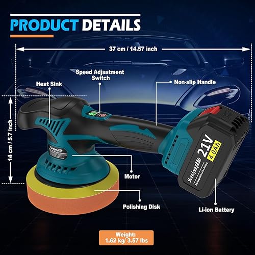 Miniatura 4 de Pulidora inalámbrica de 21 V para automóvil, pulidora de automóvil SundpeyPRO de 6 pulgadas con 2 baterías de 4.0 Ah y 8 velocidades variables,