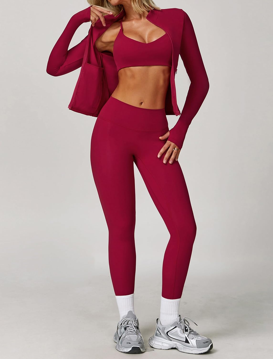 Workout Sets for Women 3 Piece High Waisted Seamless Leggings Crop Top Jacket Gym Yoga Outfit Stretchy Sports Bra Sets - Image 2