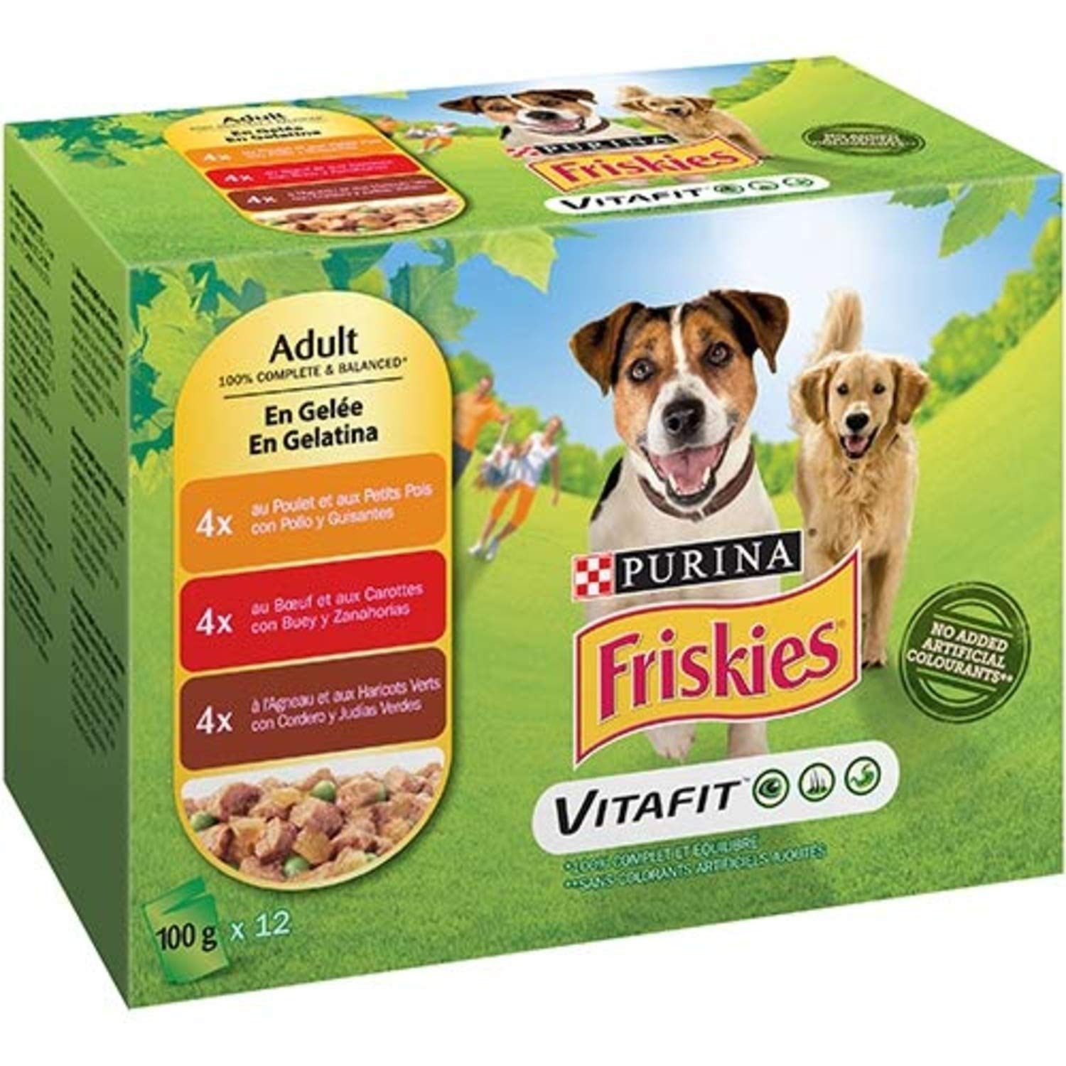 Purina Friskies Comida húmeda para Perro en Gelatina con Pollo, Cordero y Buey, 12 latas de 100g