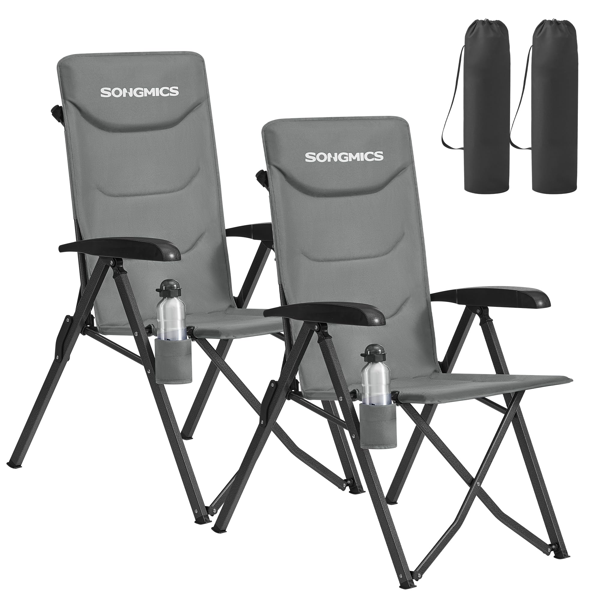SONGMICS Set di 2 Sedie da Campeggio, Reclinabile 95°-150°, Pieghevole Imbottita, Schienale Alto Regolabile, Portabicchiere, Borsa con Tracolla, per Giardino, Pranzo, Pesca, Grigio GCB015GZ01-2J