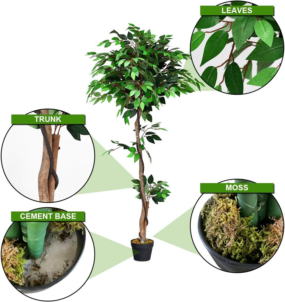 Goplus 5.5FT Ficus Silk Leaf Artificial Tree, Potted Fake Tree w/Green Leaves and Natural Trunk, Maintenance Free, Tall Faux Plant for Indoor Outdoor Decoration