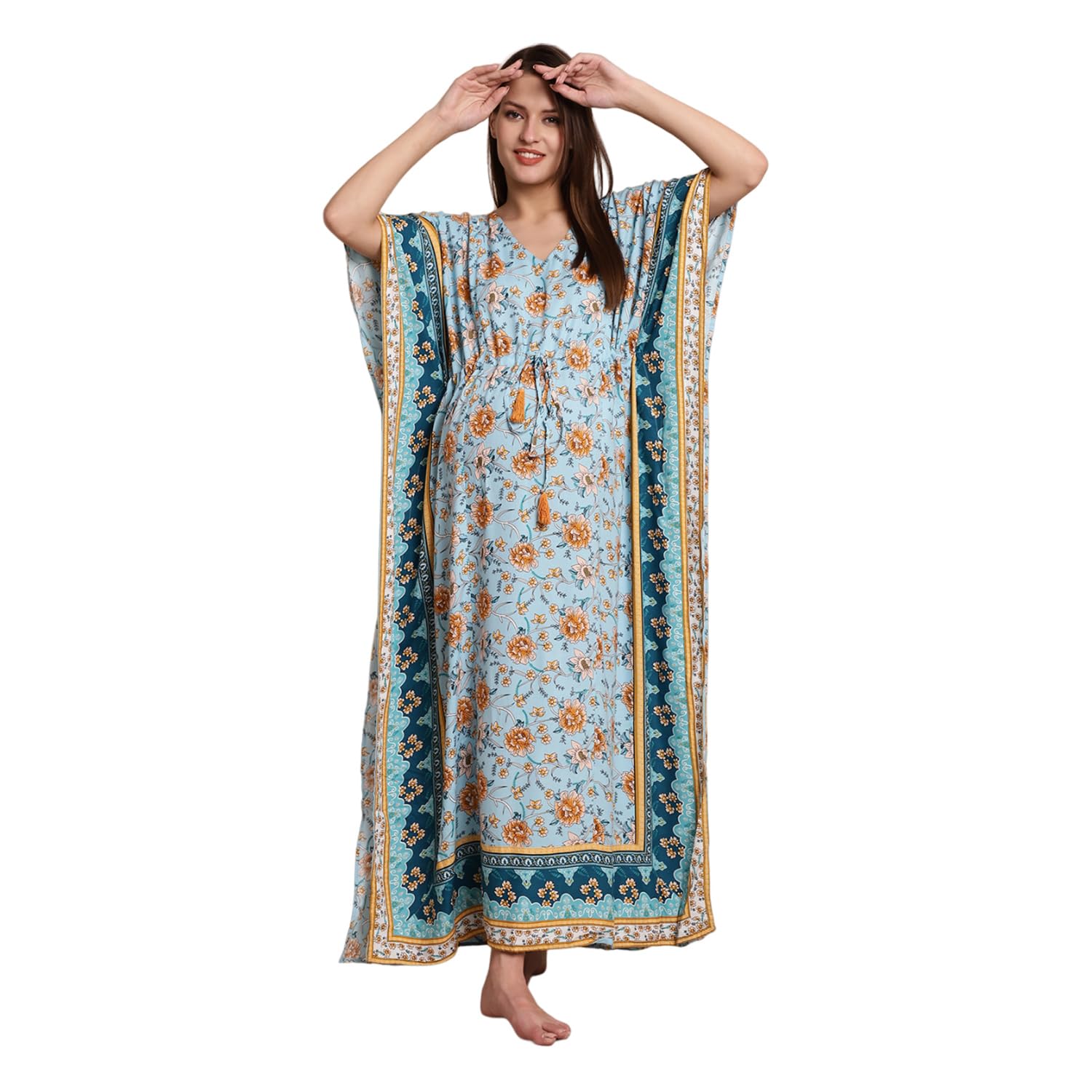 Secret Wish Rayon Maternity Kaftan Nighty/Free Size/Feeding/Nursing/Zipper/Drawstring/Screen Print/Full Length