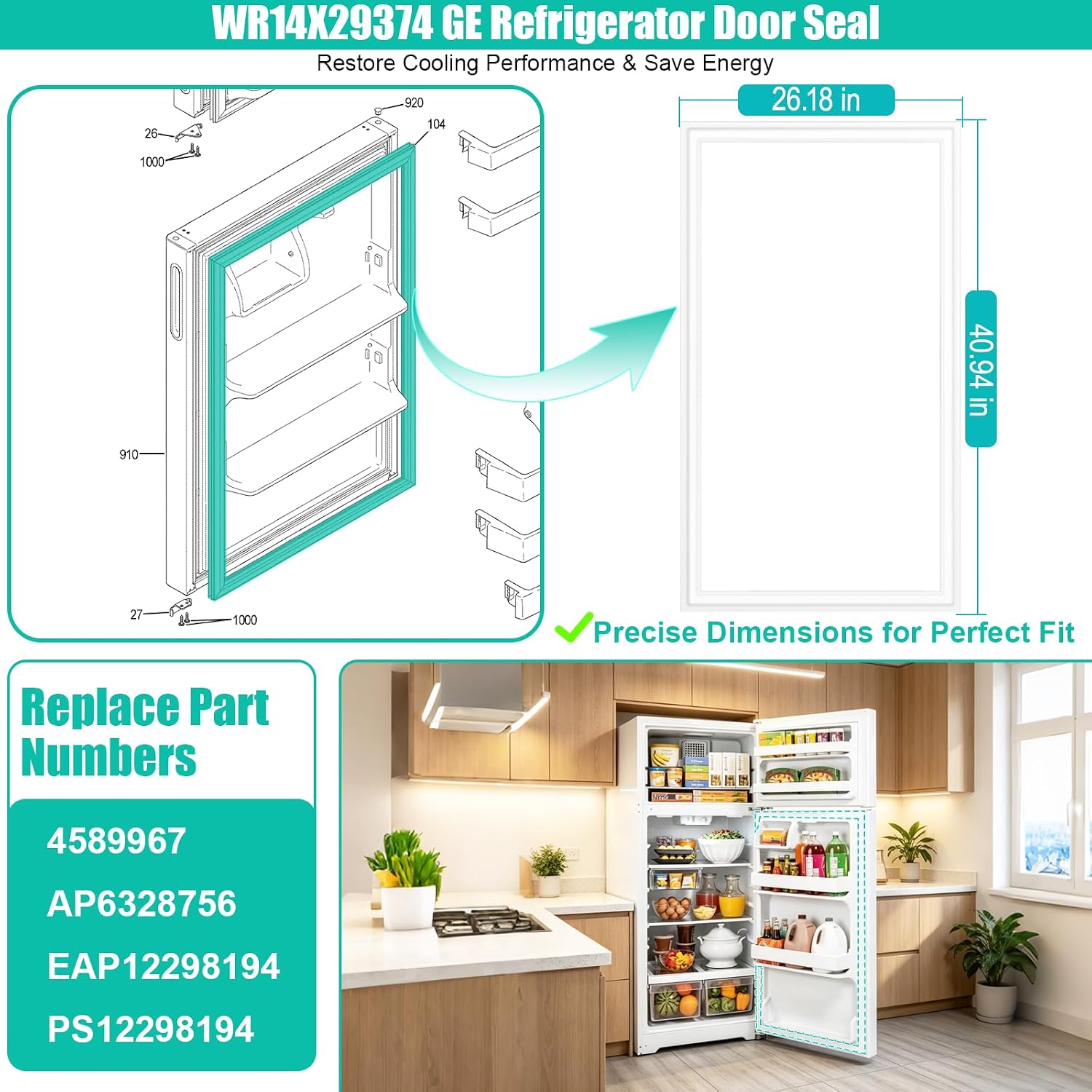 WR14X29374 Refrigerator Door Gasket Compatible with GE Refrigerator Seal Part GTE16 GTS16 GPE16 Series Fridge Door Gasket Seal Replacement Part AP6328756 4589967 PS12298194, 40.94"x26.18" White
