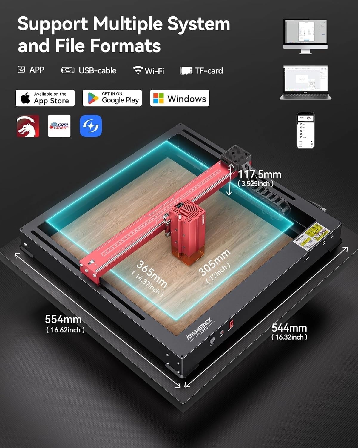 ATOMSTACK A24 Pro dimensions and software compatibility.