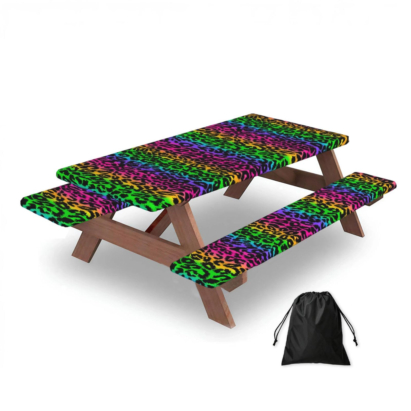 Dopklna As Picture Rainbow Leopard Print, Picnic Table Cover With Bench Covers -Waterproof Elastic Fitted Tablecloth For Garden Camping Patio 76X152cm
