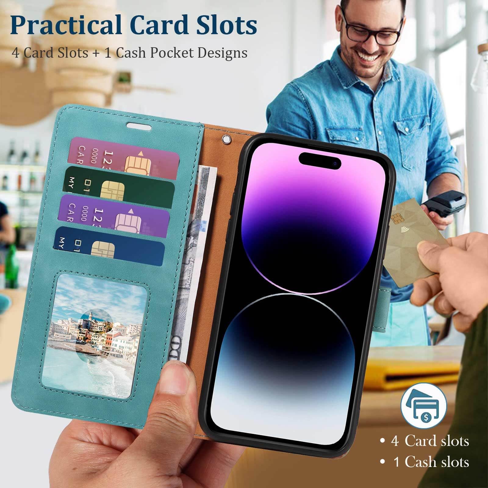 GOTOURED for iPhone 14 Pro Phone Case Wallet, RFID Blocking 4 Card Slots, Wrist Strap, Kickstand, Magnetic Closure - Image 2