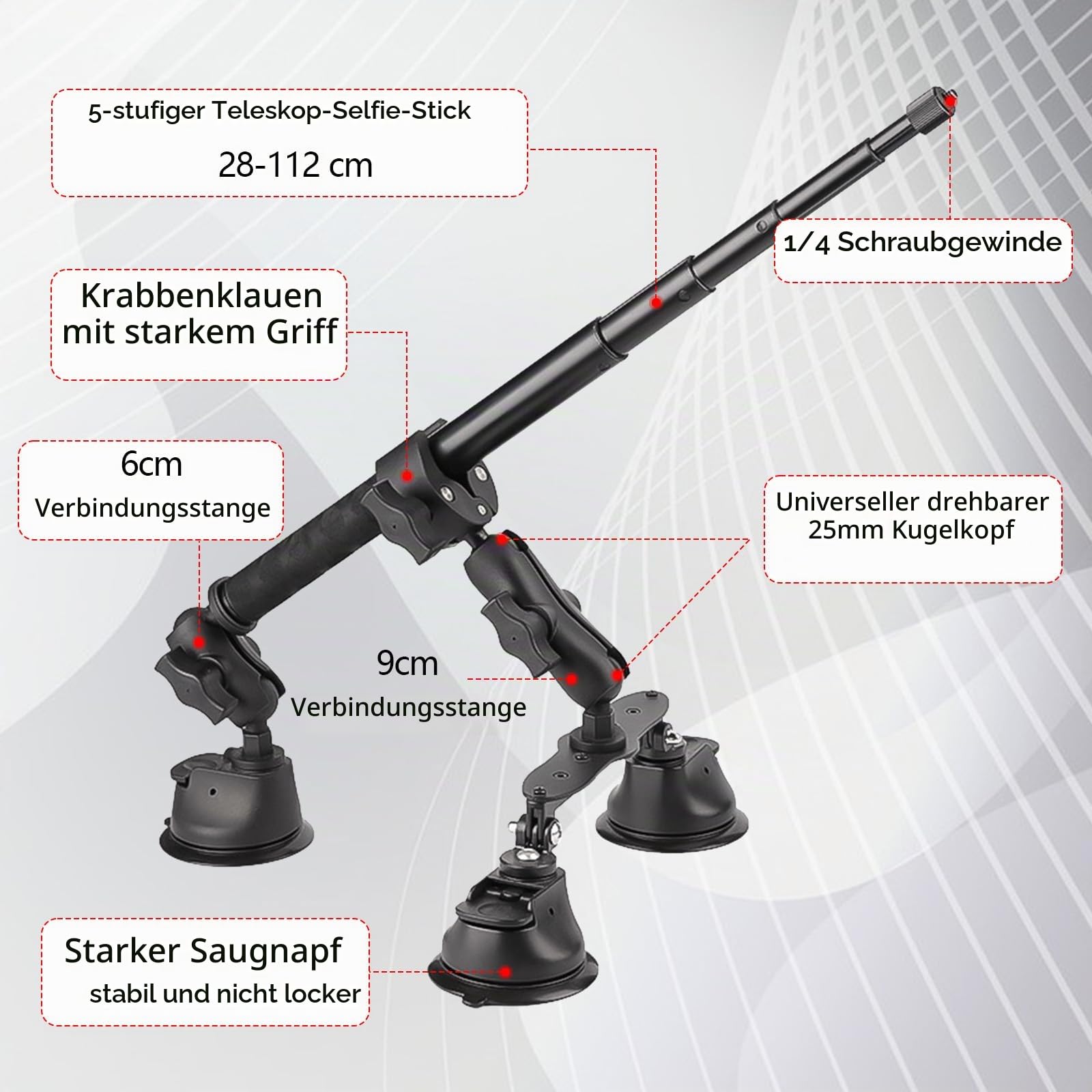 Dreifach Saugnapf Autohalterung Set, Auto Dreifach Saugnapfhalterung und Klemme für Insta360 Gopro Akaso Action Kamera, 28-112 cm Einziehbarer Selfie Stick Magic Arm Kamerahalterung