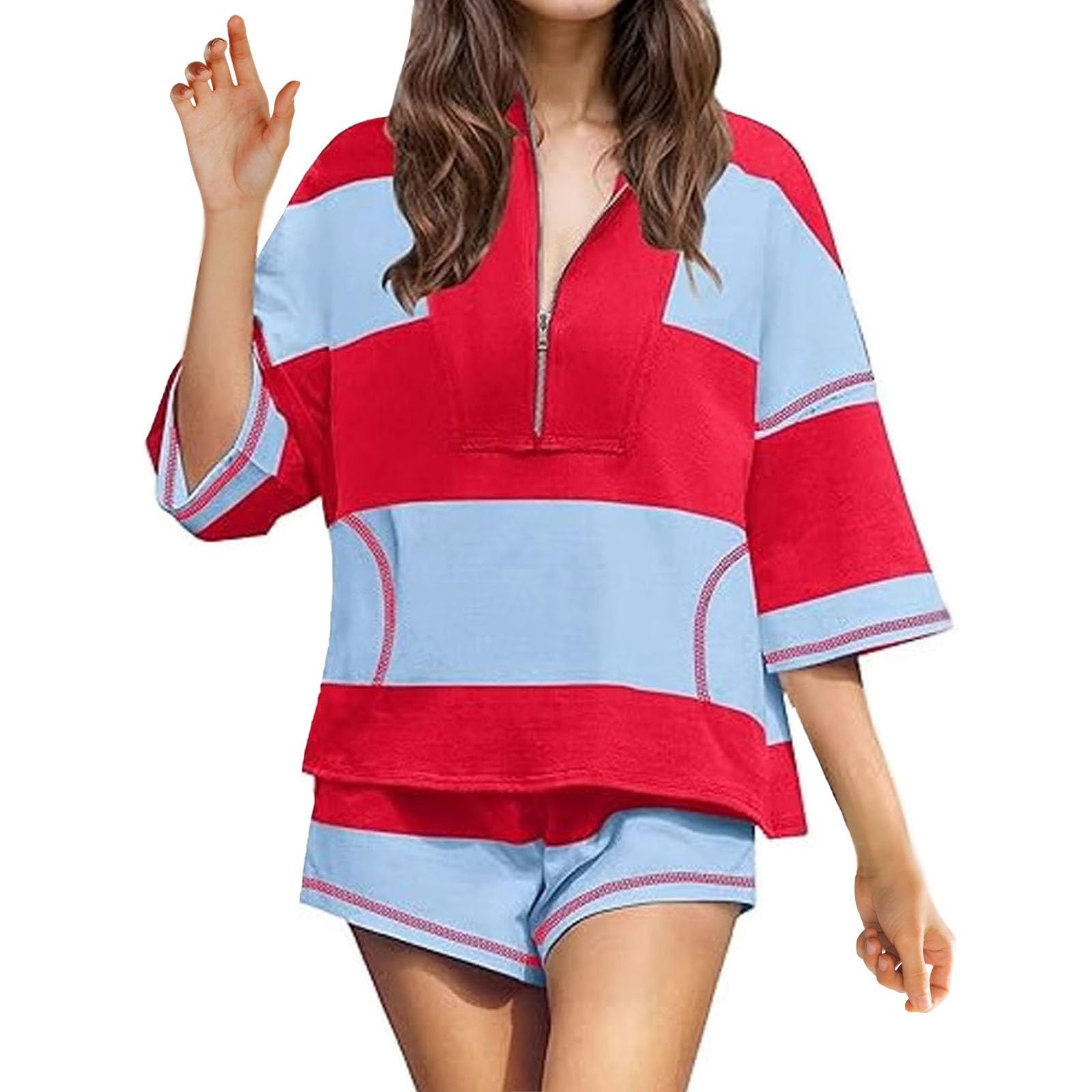 Generisch Tenue 2 pièces pour femme - Ensemble d'entraînement avec short - T-shirt rayé surdimensionné - Mode sportive et décontractée - Respirant