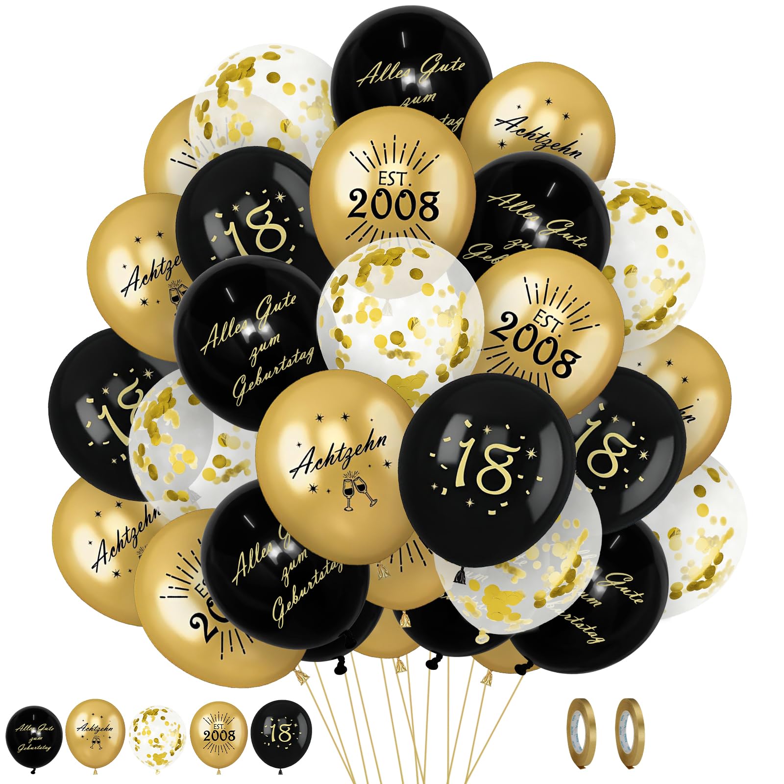 30Pcs Happy Birthday Balloons, 18th Birthday Decorations for Men and Women, Black and Gold Latex Balloons with Ribbon for Birthday Party Supplies