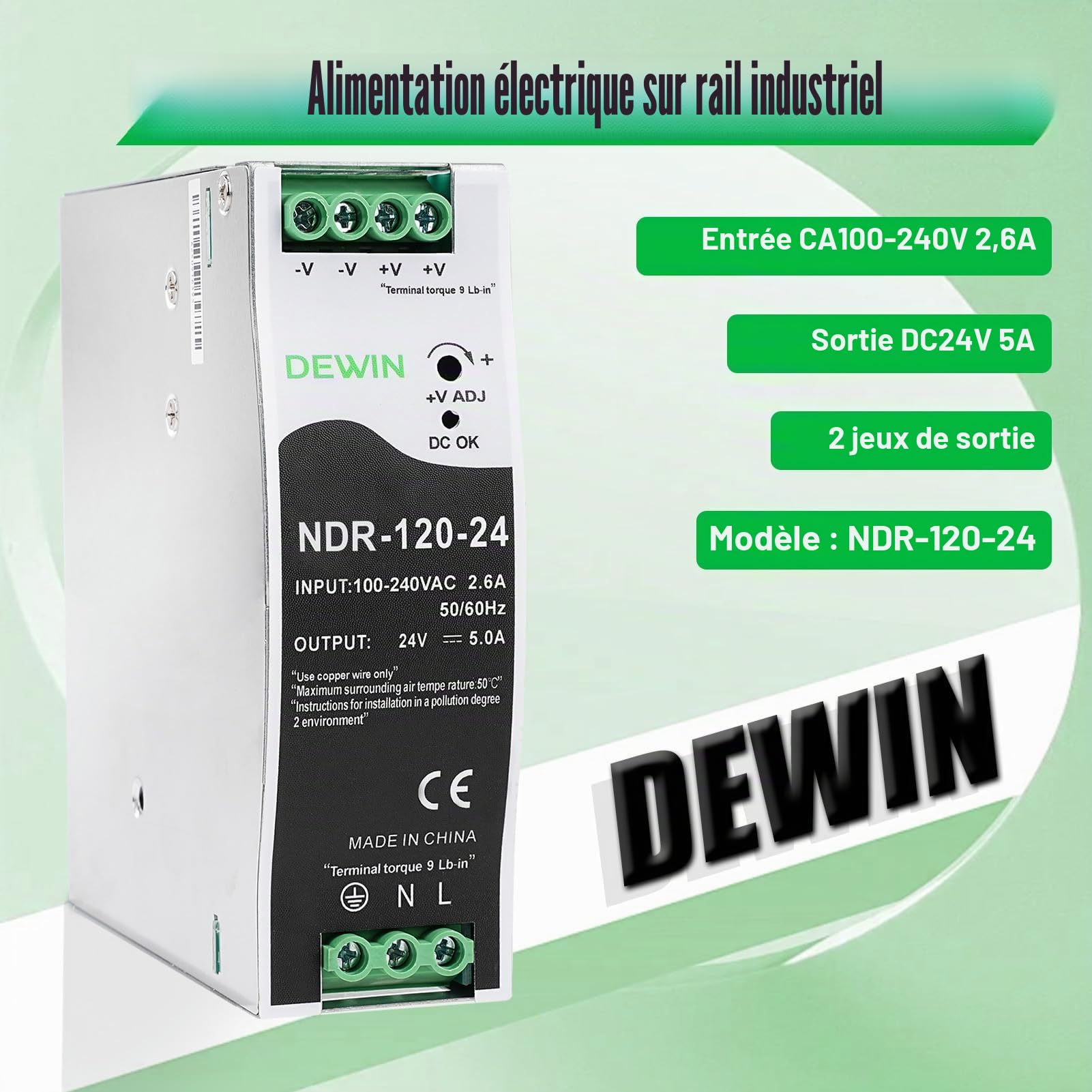 Alimentation sur rail din 24V 5A 120W bloc d'alimentation pour rail din transformateur Entrée AC100-240V 2.6A sortie DC24V 5A alimentation à découpage industrielle NDR-120-24