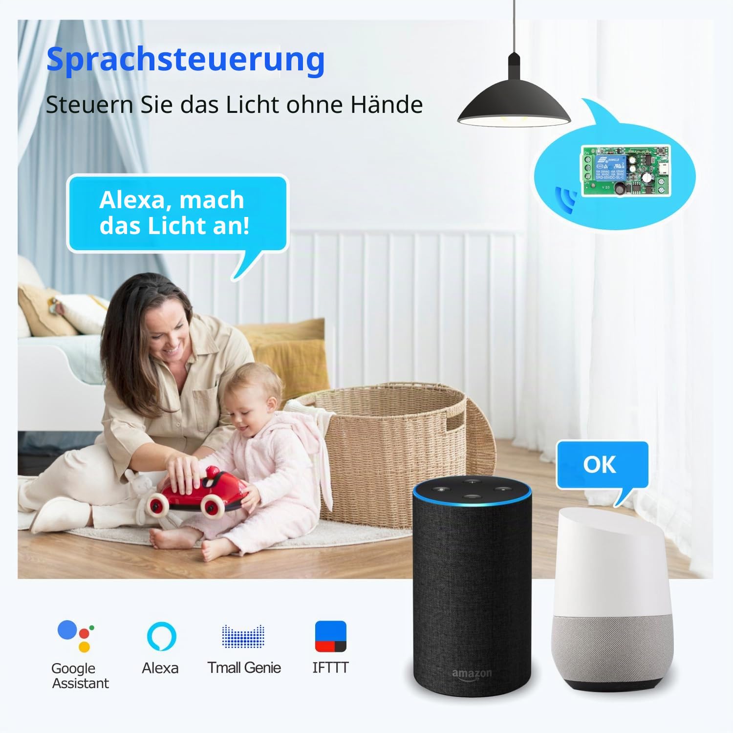 DieseRC 4x 1 Kanal WIFI Intelligenter Schalter mit 1x Bluetooth-Sender, DC 5V 12V 24V 36V Passiver Ausgang Relai Modul Trockener Kontakt Ewelink APP kompatibel mit Alexa/Google Home