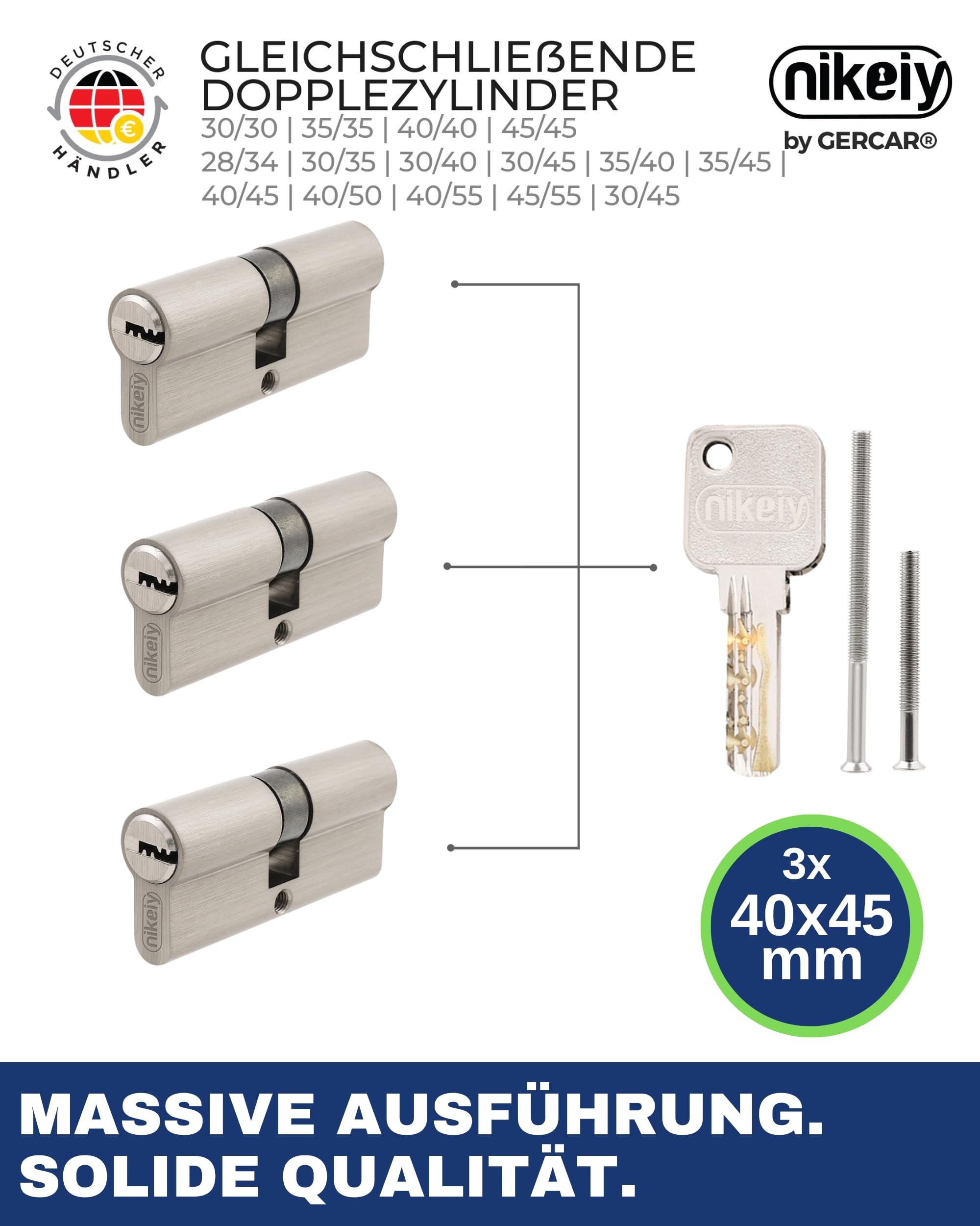GERCAR Pro Lot de 3 cylindres de serrure profilés, 40/45, massifs, à fermeture identique, double cylindre, serrure à cylindre, laiton mat, 10 clés, clé réversible, longueur : 85 mm, A : 40 B : 45 -
