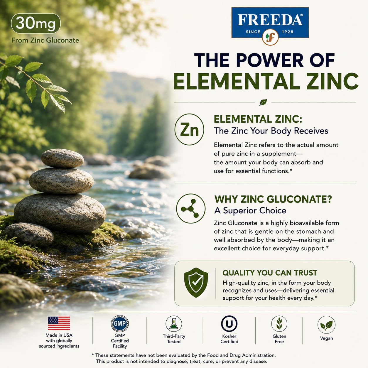 FREEDA Elemental Zinc 30mg – Vegan Immune, Skin & Eye Support – 100 Tabs — Amazon image 5
