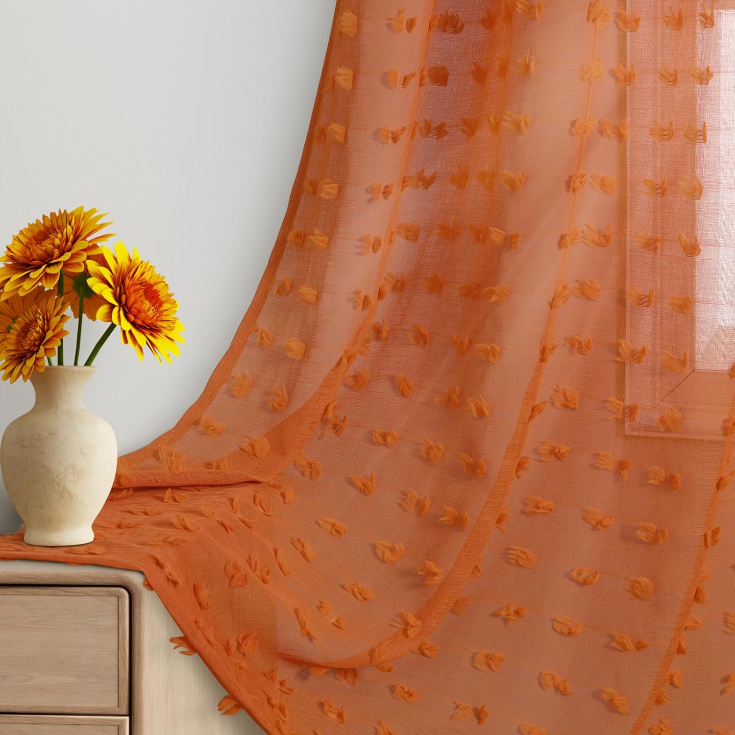 Burnt Orange Sheer Curtains 96 Inches Long for Living Room Bedroom Boho Pom Pom Curtains 2 Panels Set, Back Tab Rod Pocke Curtain Easy to Install Semi Sheer Modern Aesthetic Drape,52x96