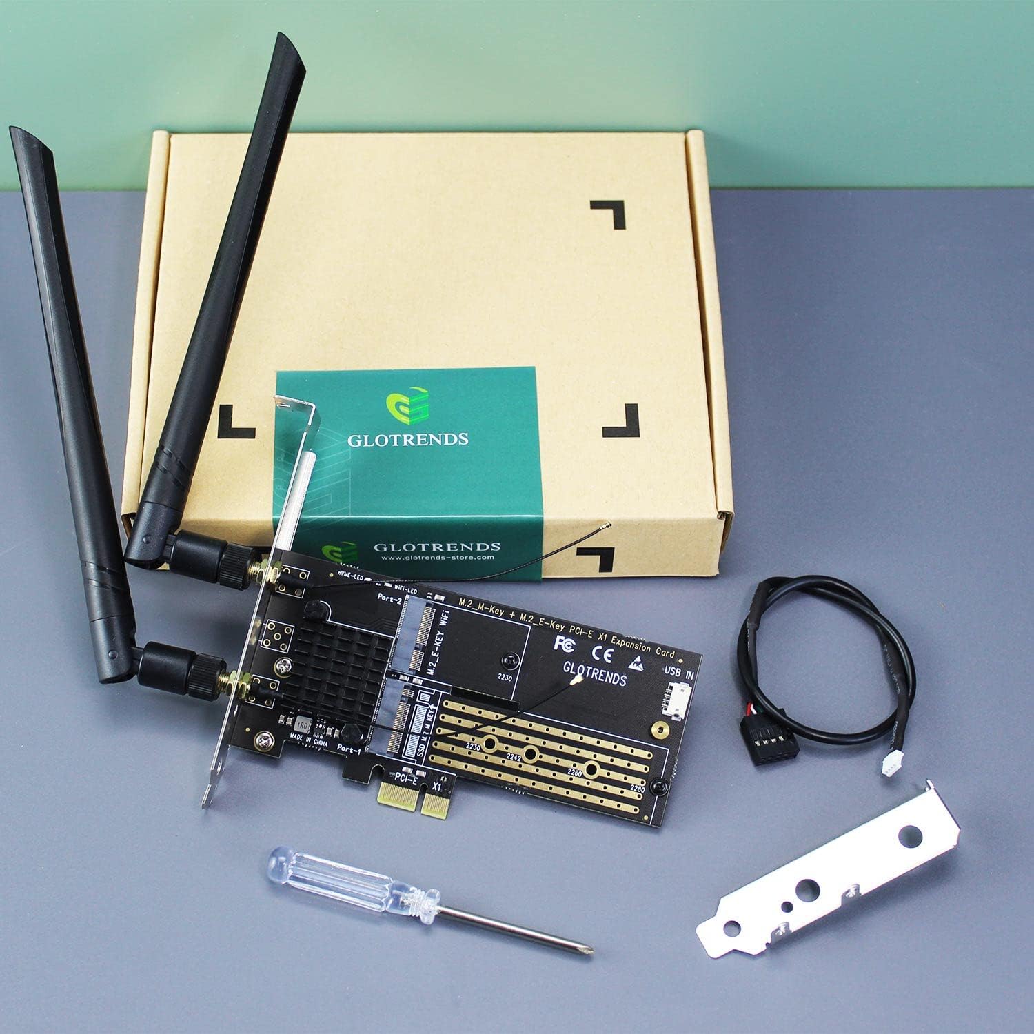 GLOTRENDS WA05 PCIe X1 Adapter for one M.2 Key-E WiFi Module and one M.2 NVMe SSD, 2 in 1 Combo Design
