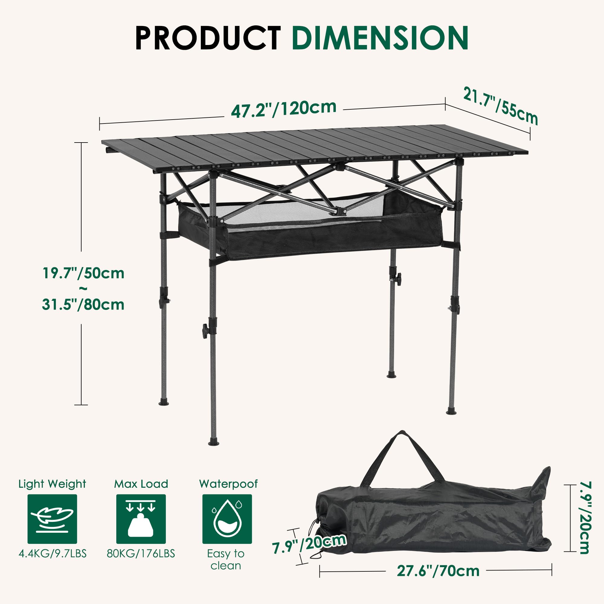 SogesPower Tavolo Campeggio Pieghevole, Altezza Regolabile 55-80cm, Piano Arrotolabile 120x55cm, Acciaio Carbonio Leggero 4,4kg, Capacità 80kg, Tasca a Rete + Borsa Trasporto, Nero