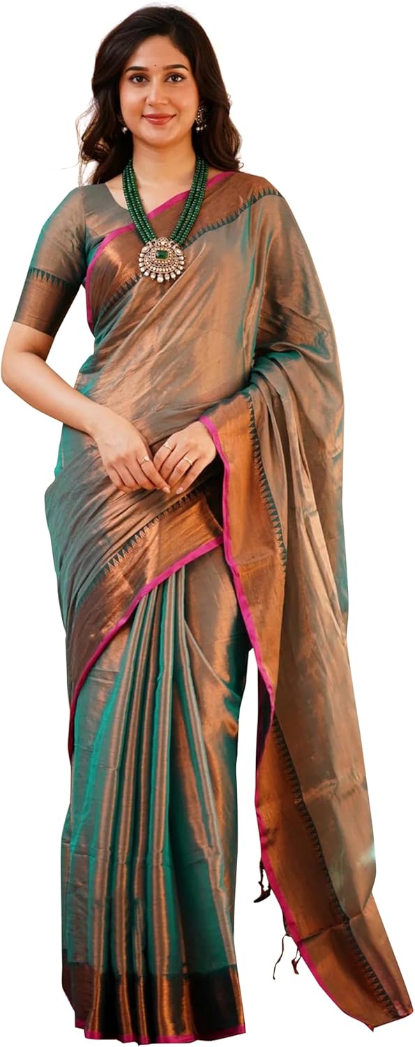 TRENDMALLS Women's Pure Tissue Cotton Handloom South Style Saree with Unstitched Blouse Piece