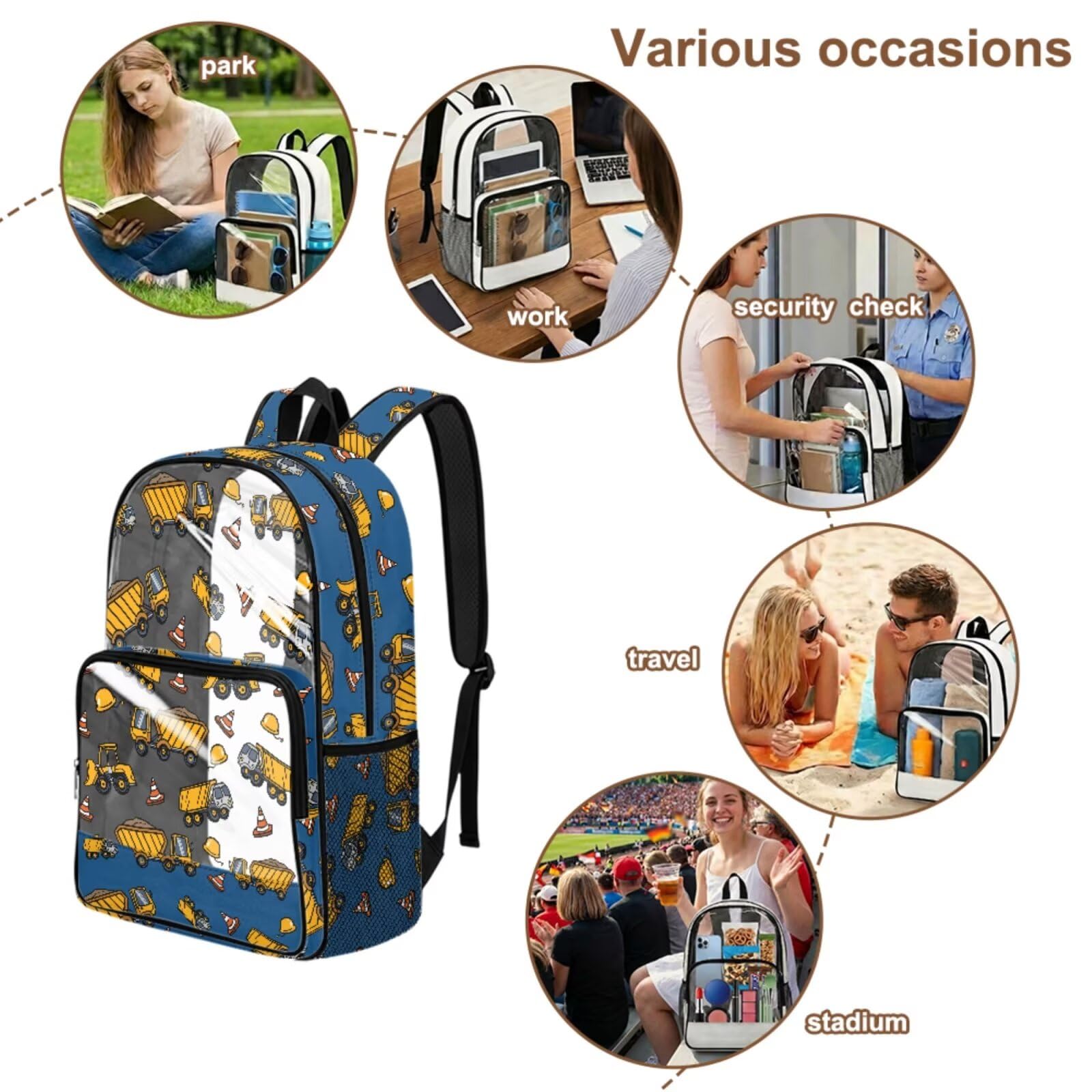 Zaino trasparente 3 in 1 per bambini, con portapranzo, approvato dallo stadio, 43 cm, trasparente, Veicolo da, M, Casual