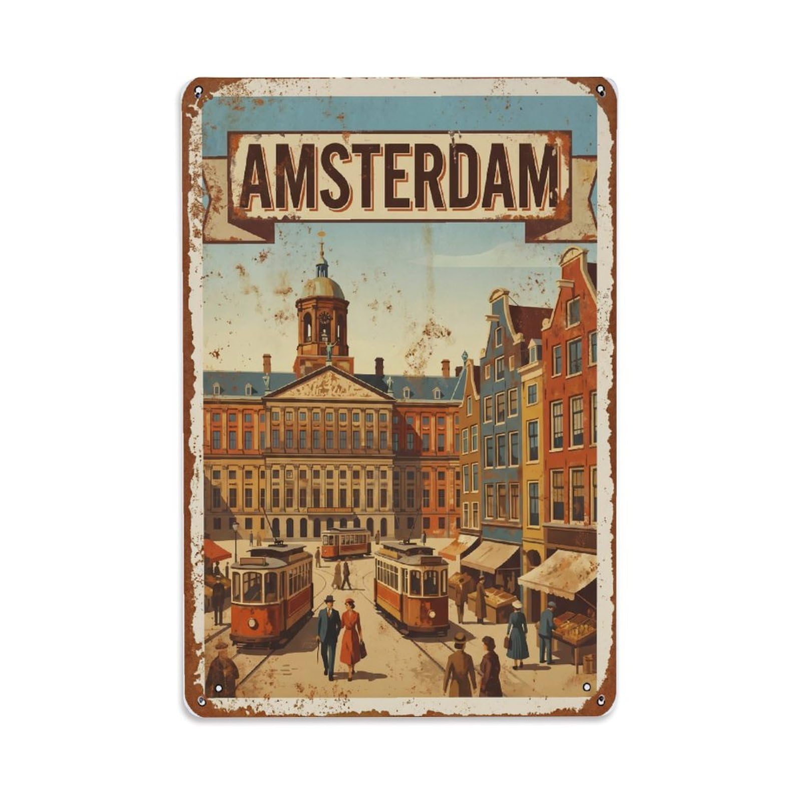 Vintage Travel Square Netherlands Historic Metal Tin Sign Plaque Wall Decor for Cafe, Club Bar, Office, Home Garden Metal Poster 8x12Inch