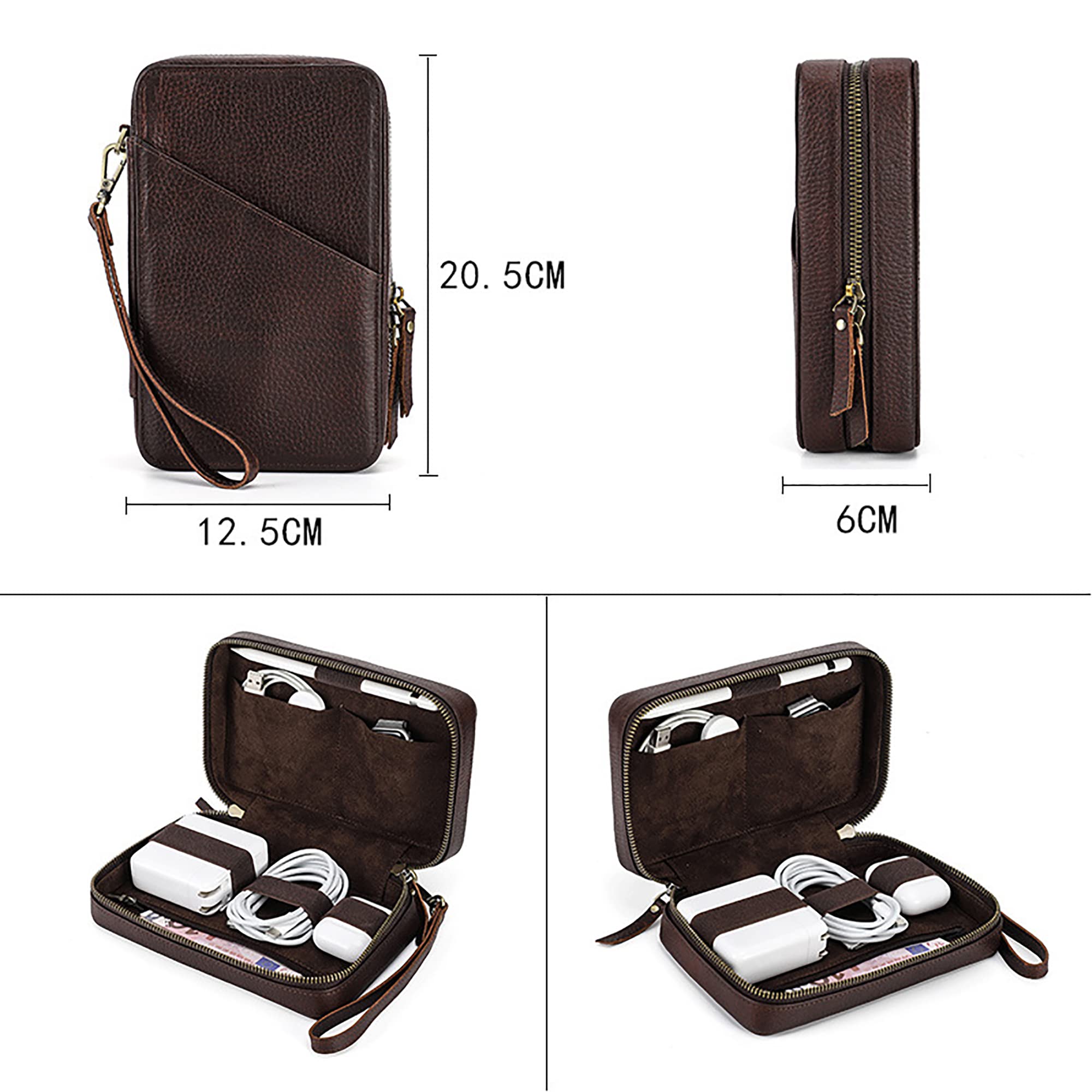 Organizer da viaggio in vera pelle per cavi USB, schede SD, caricabatterie, passaporto, contanti, telefono, orologio, penna elettronica