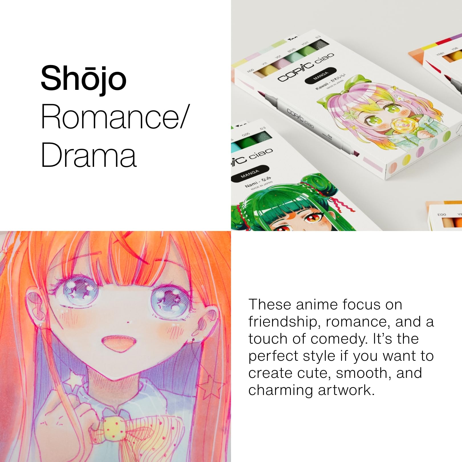 Copic Ciao Manga Set Hana, set di pennarelli con 5 morbide tonalità pastello, include 1 Multiliner da 0,3 mm in rosa, doppio pennarello con punta media e punta pennello