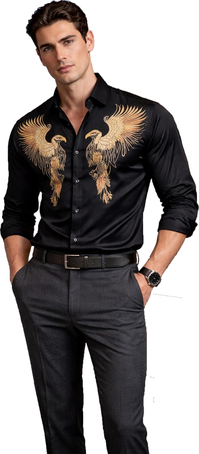Ngiva Men's Black Long Sleeve Button-Up Shirt with Gold Phoenix Eagle Embroidery, Slim Fit - Review, Price and Buying Guide