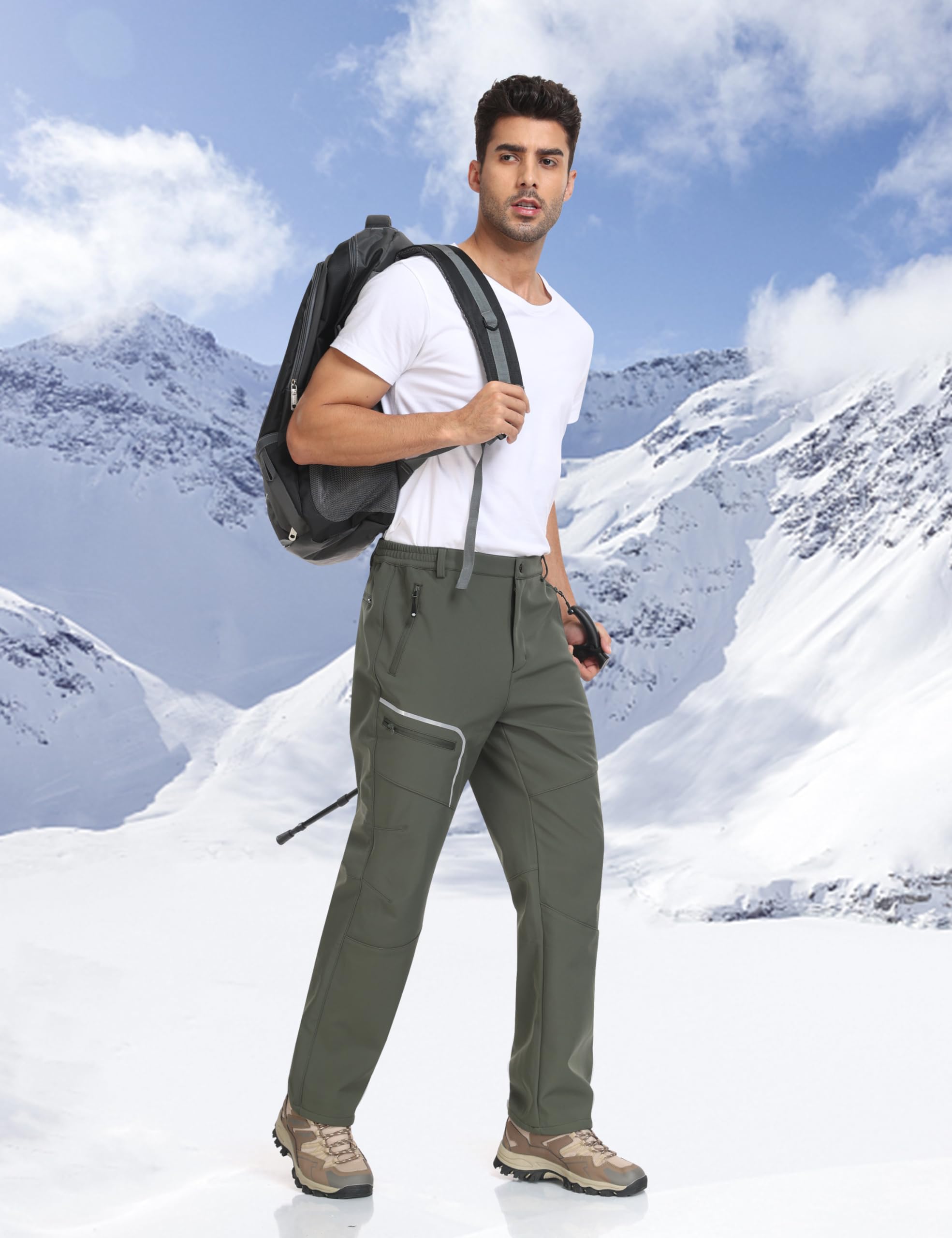 MoFiz Pantalon Randonnée Homme Softshell Chaud Pantalon de Ski Chasse Doublé Polaire Imperméable Hiver Pantalon de Travail avec Poches Zippées