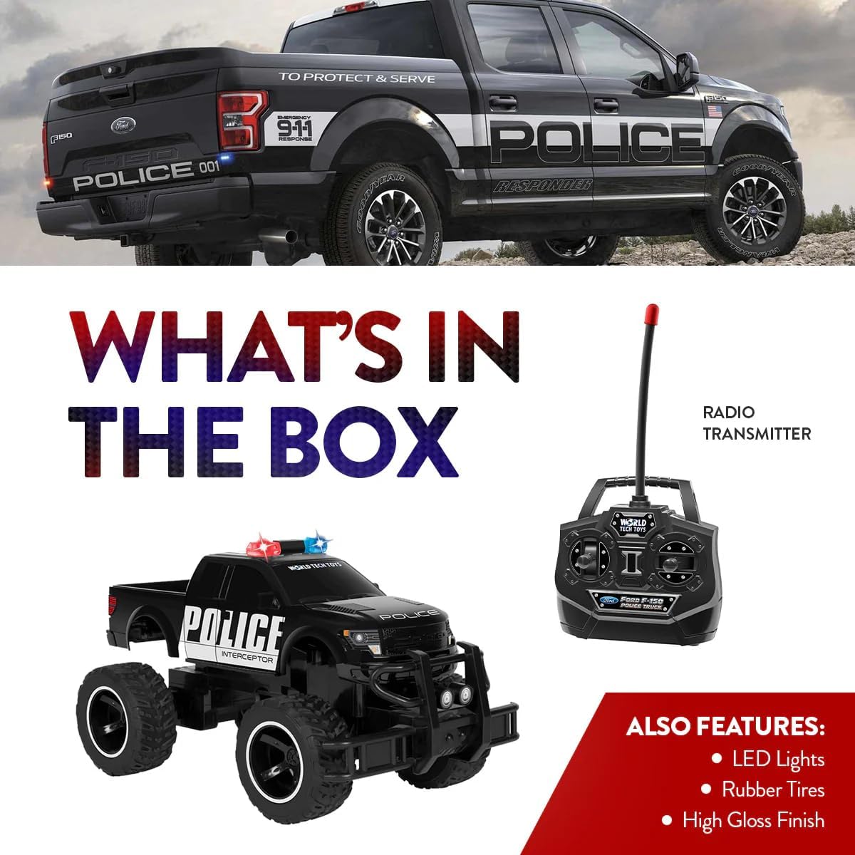 World Tech Toys Ford F-150 Police 1:14 RTR Electric RC Monster Truck, Black, 13.5 x 7