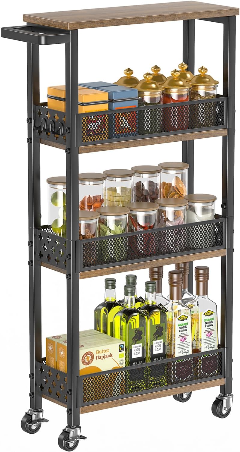 Giwil 4-Tier Slim Rolling Storage Cart for Kitchen Bathroom Organizer, Mobile Narrow Storage Cabinet Utility Cart with Wood Rack on Wheels for Pantry Laundry Small Space