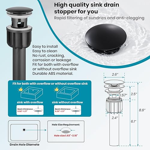 Miniatura 7 de gotonovo Grifo para fregadero de cuenco, 1 manija, montaje en cubierta de un solo agujero, grifo mezclador de tocador para baño, color negro mate y