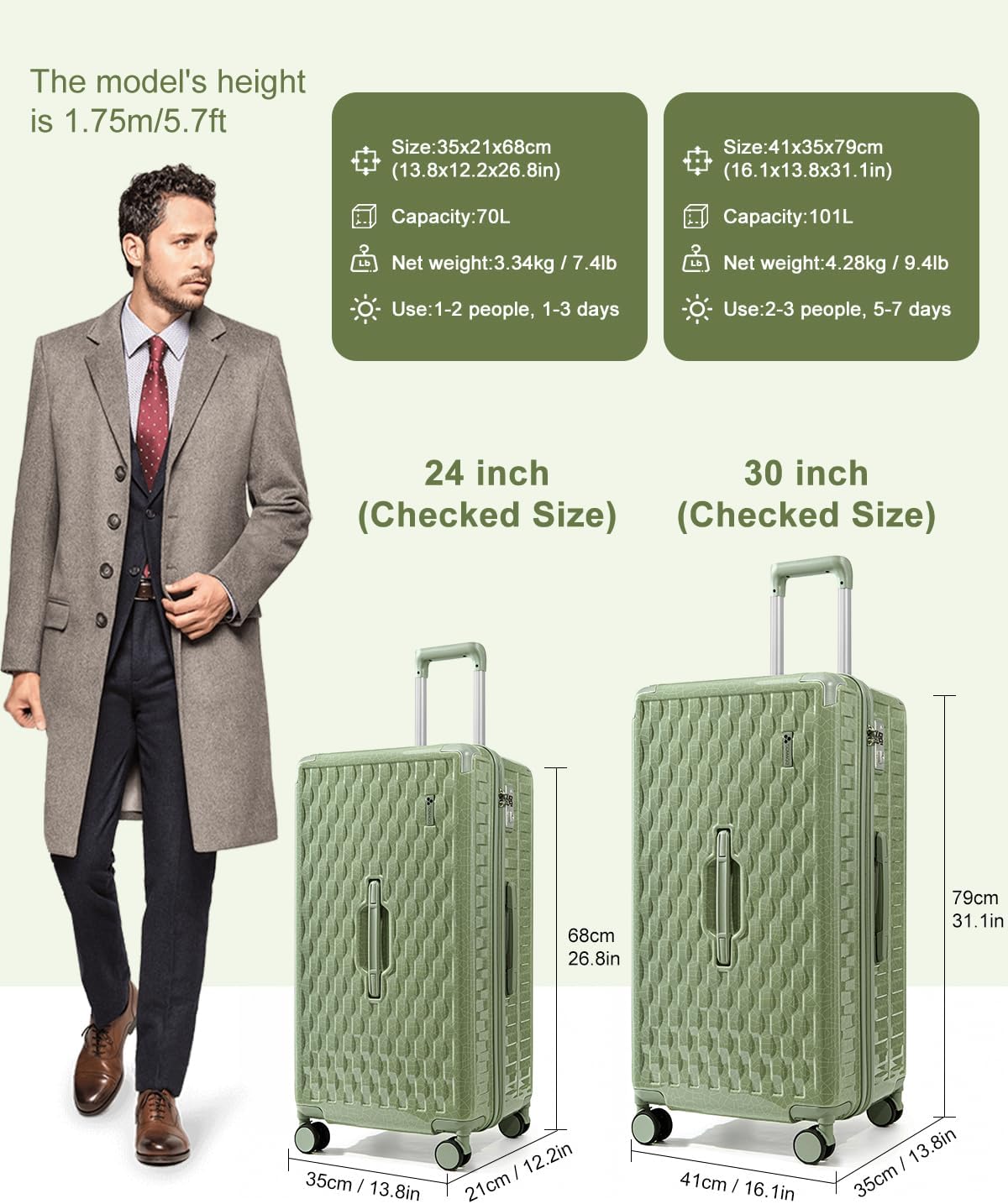 Somago Large Suitcases with Wheels 2 Piece Hardside Lightweight Luggage Sets 24" 30" PC+ABS Traveling Suitcase with TSA Lock YKK Zipper Ceramic Ice Crackle Design (GEYAO Green)