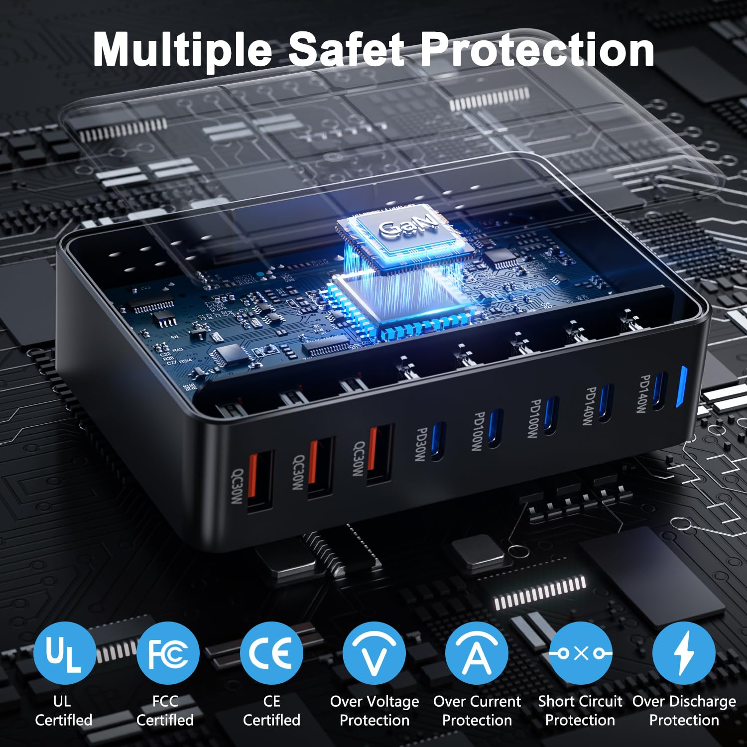 Cargador USBC 600W GAN, Fuente de alimentación de 8 Puertos Estación de Carga rápida multipuerto con 5C+3A, Fuente de PD140W alimentación Cargador múltiple Compatible con Ordenador portátil/MacBook