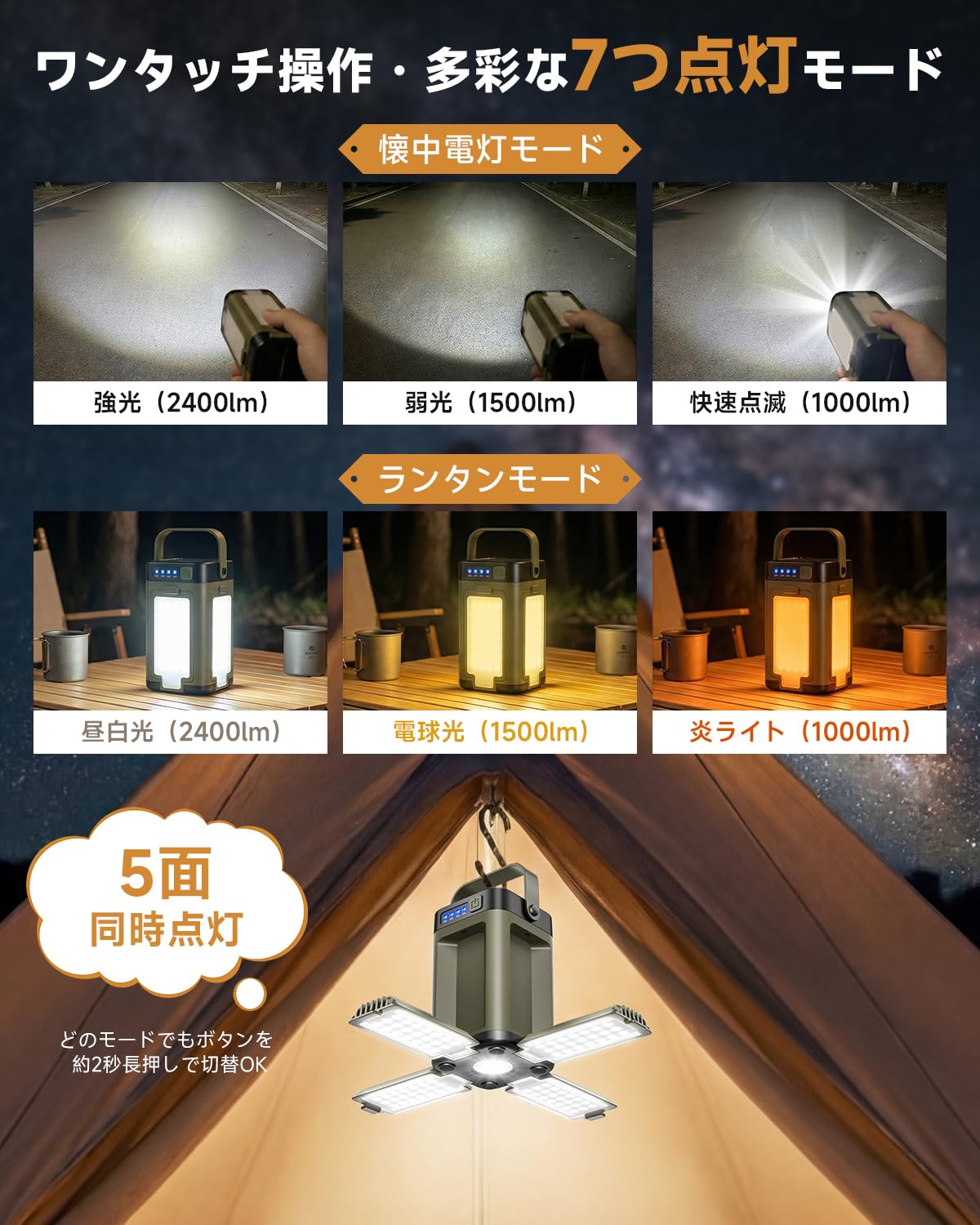 LED ランタン 充電式 2400ルーメン 【2026新生活・ソーラー&USB充電式・超高輝度・5面照射】 キャンプランタン 6000mAh大容量 モバイルバッテリー機能 7つ照明モード 360°照明 IPX6防水 軽量 小型 懐中電灯 キャンプ ライト アウトドア 登山 夜釣り 車中泊 防災用品 アウトドア用品 (グリーン) - 4