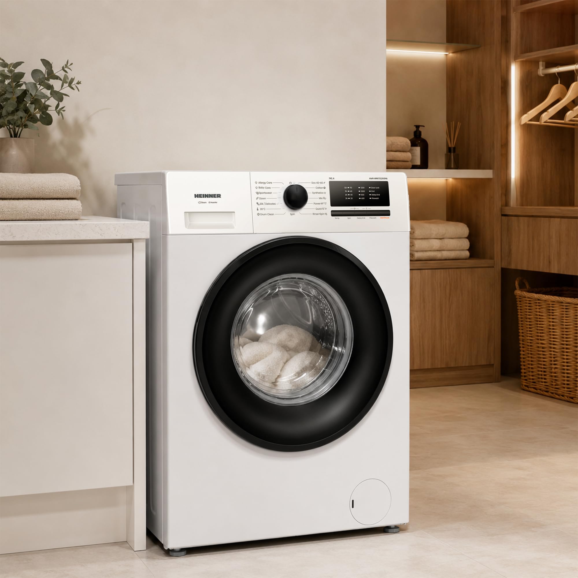 Waschmaschine 7 kg Slim Frontlader nur 38,5 cm tief, 1200 U/min, Inverter Motor, 15 Programme inkl. Steam Care, Energieklasse A, Quick 15', Kindersicherung, Weiß, HWM-HMN7012IVSMA