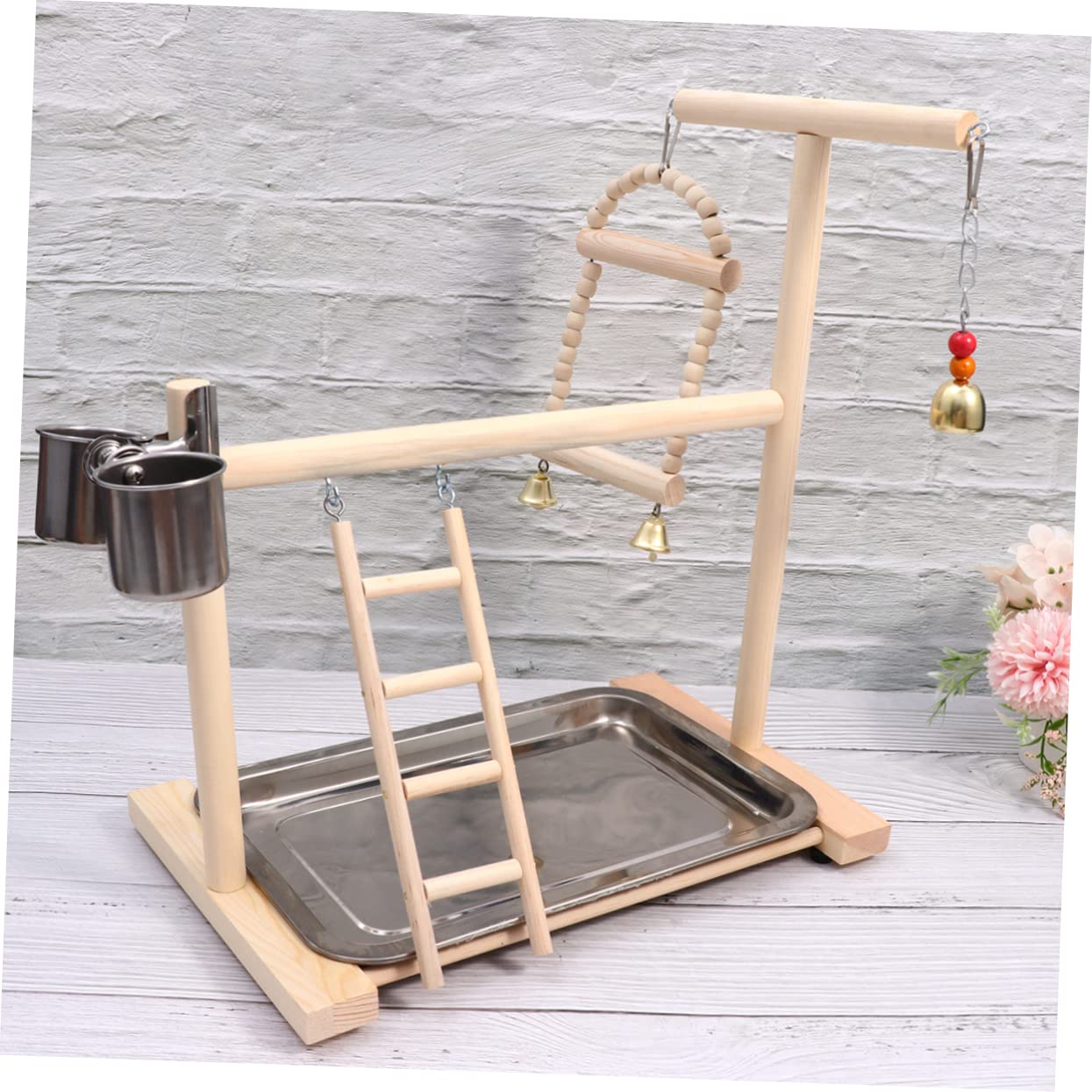 Hohopeti Area Giochi per Pappagalli in Legno Scala e Altalena | Ciotola in Acciaio Inox, Pendente Campanella, per Gabbia e Giardino Colore Casuale