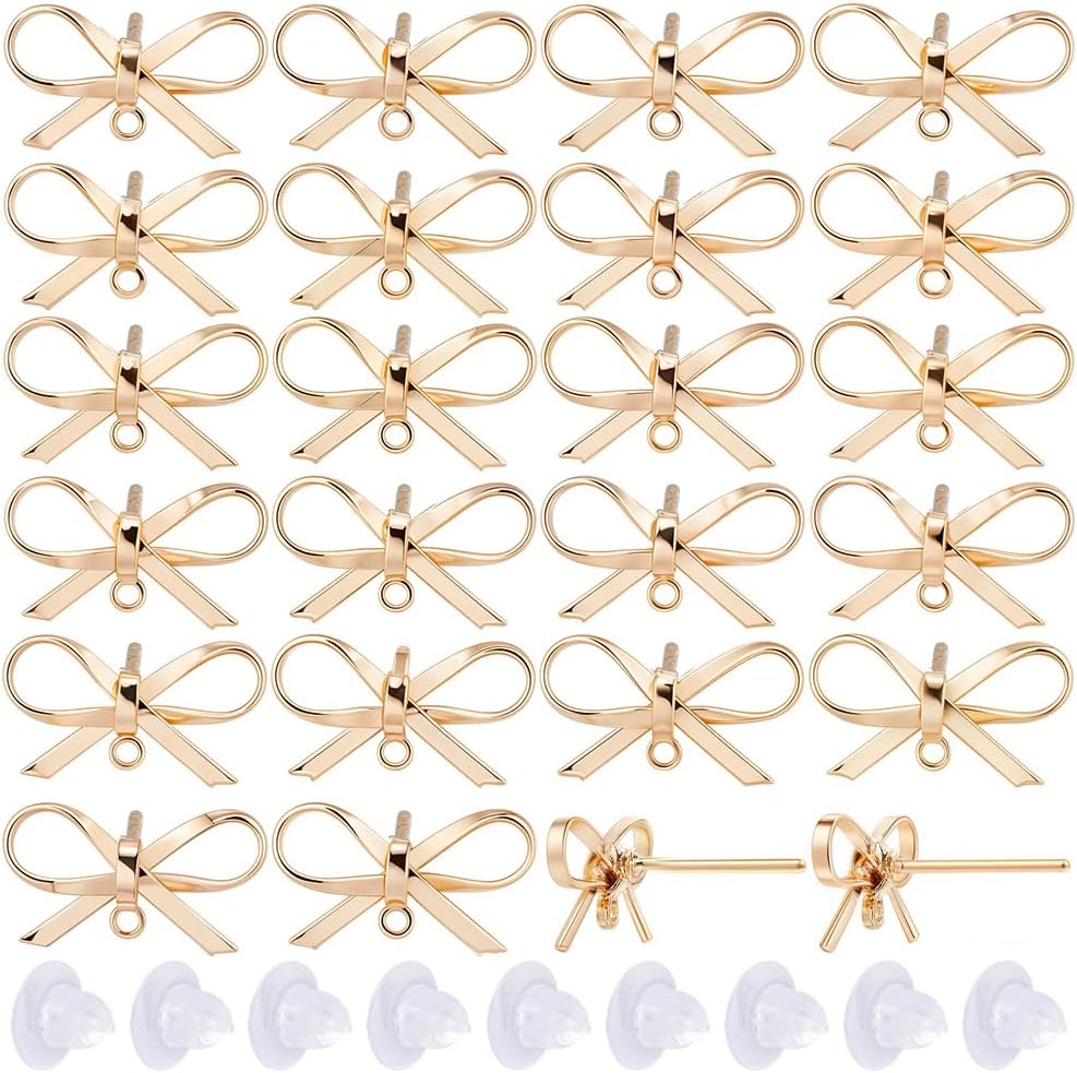 1 Box 20 Sets Real 18K Gold Plated Earring Posts Stud Earring Findings Earring Studs Earring Stud with Hole Bowknot Post Earrings for Jewelry Making Accessories DIY Dangle Earrings Supplies