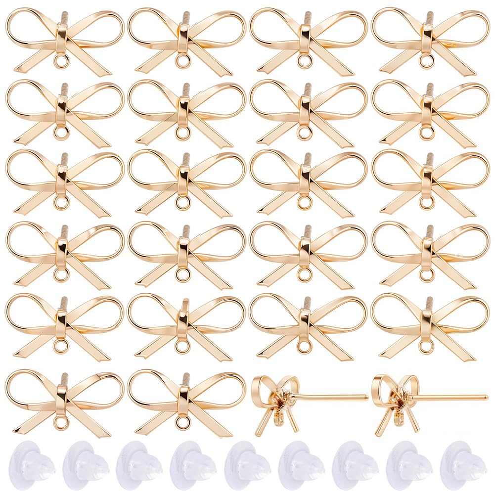 SUNNYCLUE 1 Box 20 Sets Real 18K Gold Plated Earring Posts Stud Earring Findings Earring Studs Earring Stud with Hole Bowknot Post Earrings for Jewelry Making Accessories DIY Dangle Earrings Supplies
