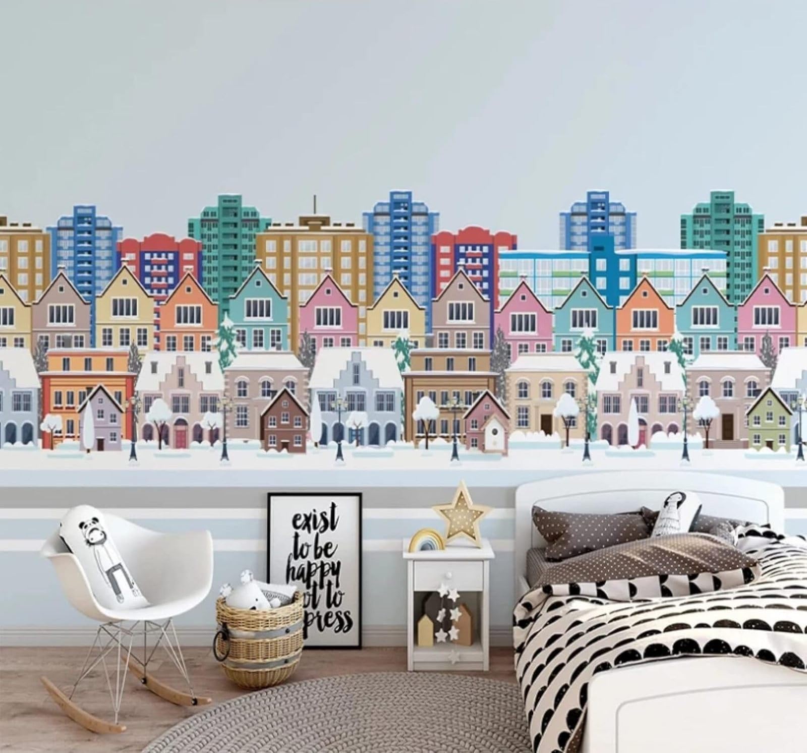 Wallpaper-3D-Xlm 150Cm×105Cm(B×H) Cartoon Colourful City Architecture Houses Trees 3D Wallpaper Easy Install Feature Office Living Room Sofa Bedroom Tv Background Wall Decoration-150Cm×105Cm