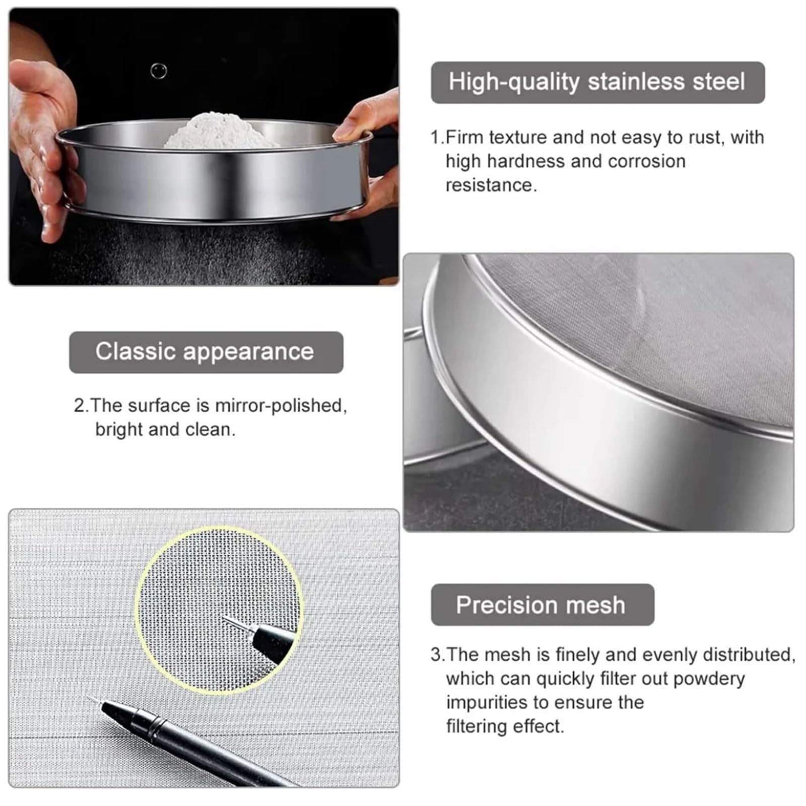 Tamiz de harina de acero inoxidable 304 de alta calidad, 1 colador de malla 120 de 15 cm, tamiz de malla 2-500 para cocinar y cocinar, agitador de filtro de cocina