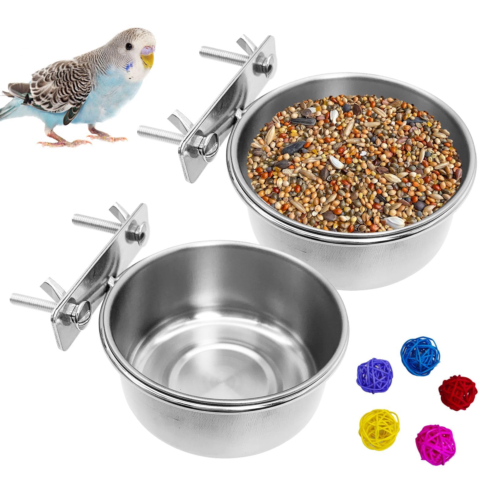 Hamiledyi Bird Feeding Bowl Stainless Steel Birds Cage Bowl Parrot Bowls, Bird Feeding Dish Cups Birdcage Coop Water Feeder for Parakeet Finches Conure Budgie Lovebirds (2 Pack, Small Double Screw)