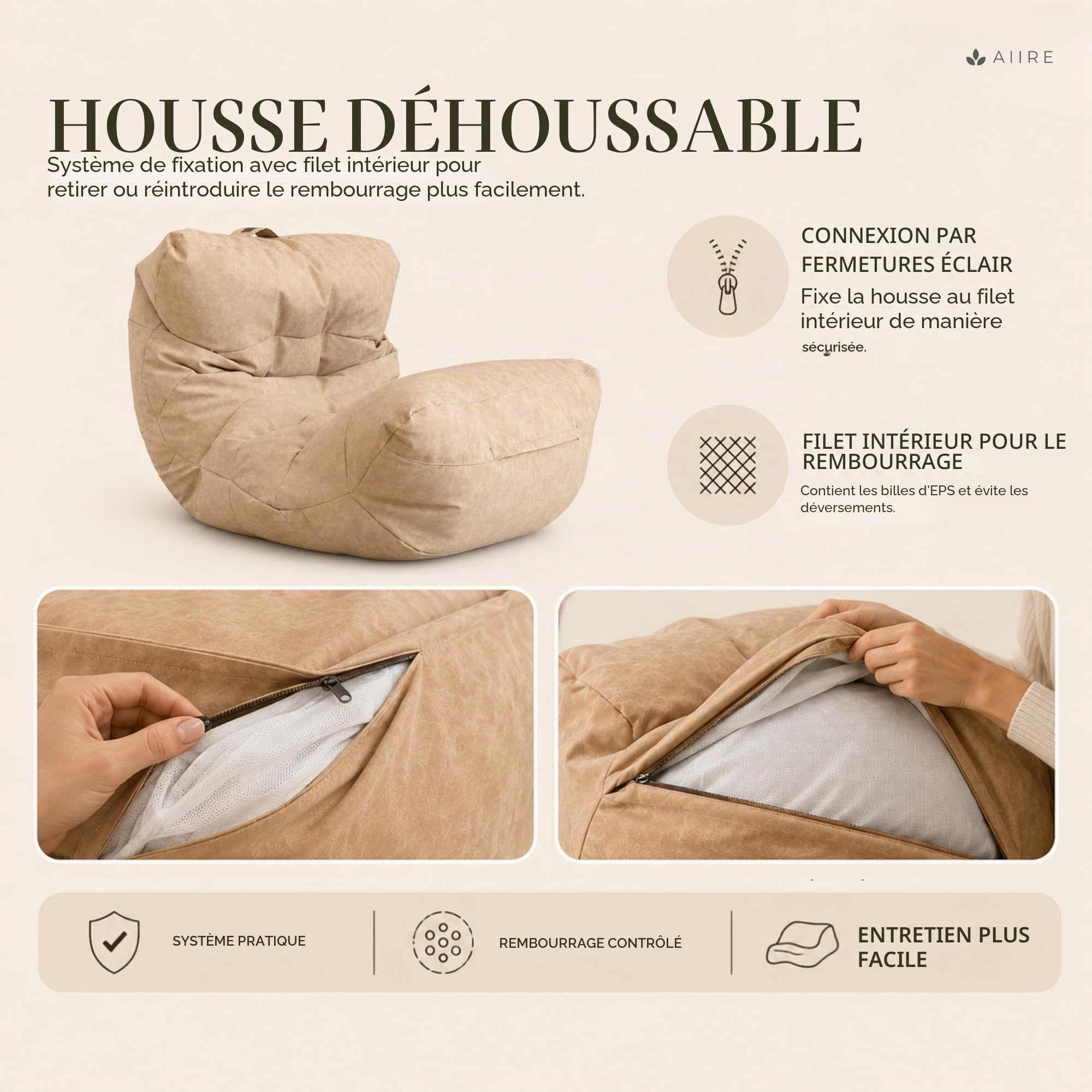 Aiire Fauteuil Pouf Salon Moderne - Pouffe Géant Interieur Adulte ou Ado avec Remplissage pour Décoration de la Chambre – Gros Bean Bag XXL ou Coussin de Sol Gris Foncé