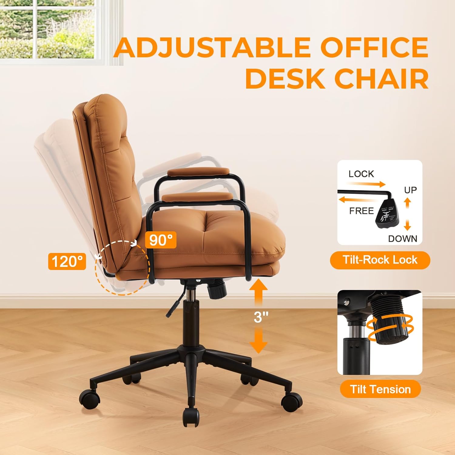 Furniliving Home Office Desk Chair, Ergonomic Computer Task Chair with Lumbar Support, Adjustable Height 360° Swivel Chair with Removable Armrest, Brown Leather