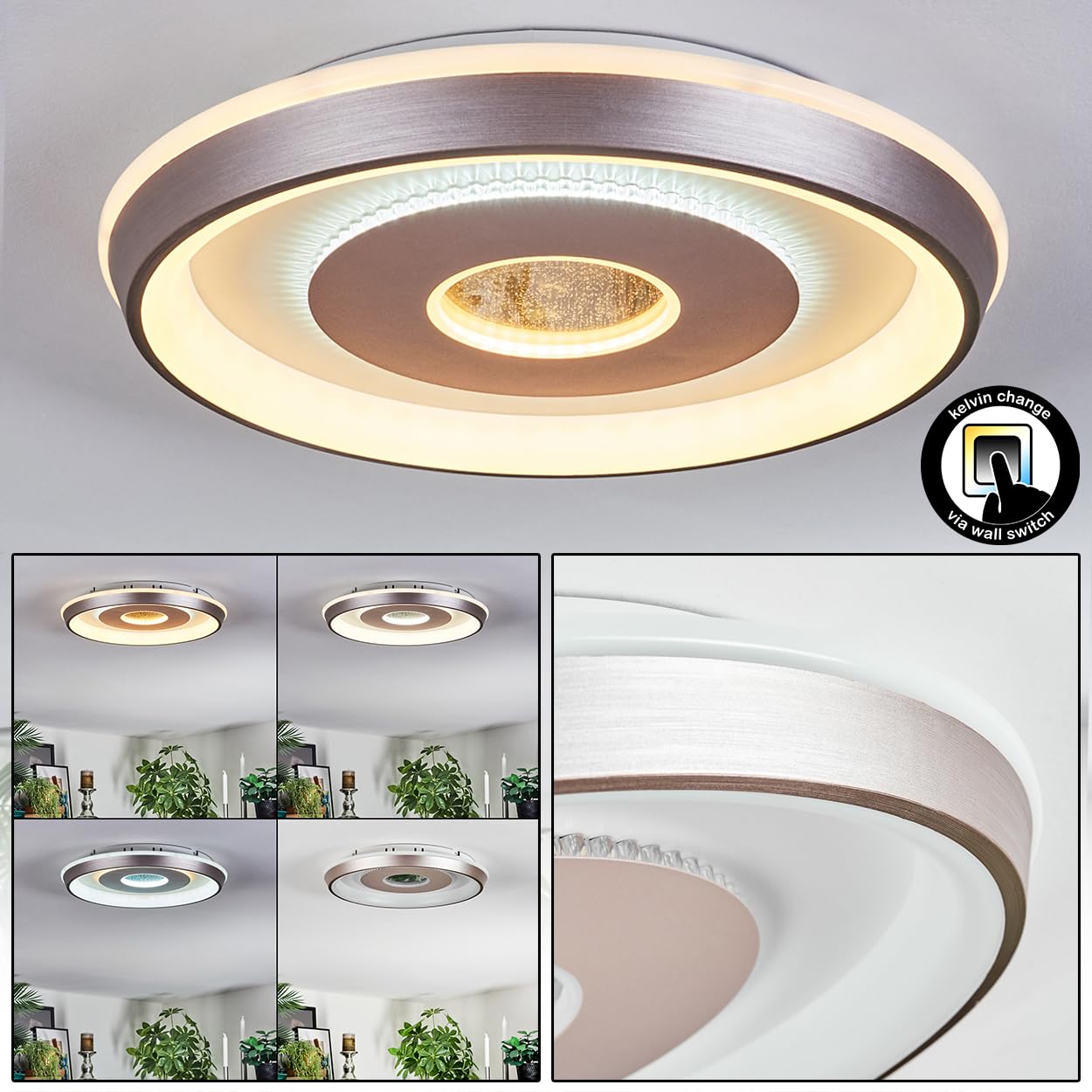 HOFSTEIN Lampa sufitowa LED Dakon, ściemniana lampa sufitowa z metalu/tworzywa sztucznego w kolorze szampańskim/białym z funkcją pamięci, regulacja CCT, ściemniana za pomocą przełącznika ściennego, 40