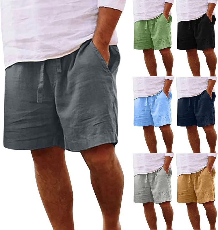 Pantalones cortos de lino de algodón casual de verano para hombre con cordón de ajuste en la cintura, pantalones cortos de playa con bolsillos, moda al aire libre