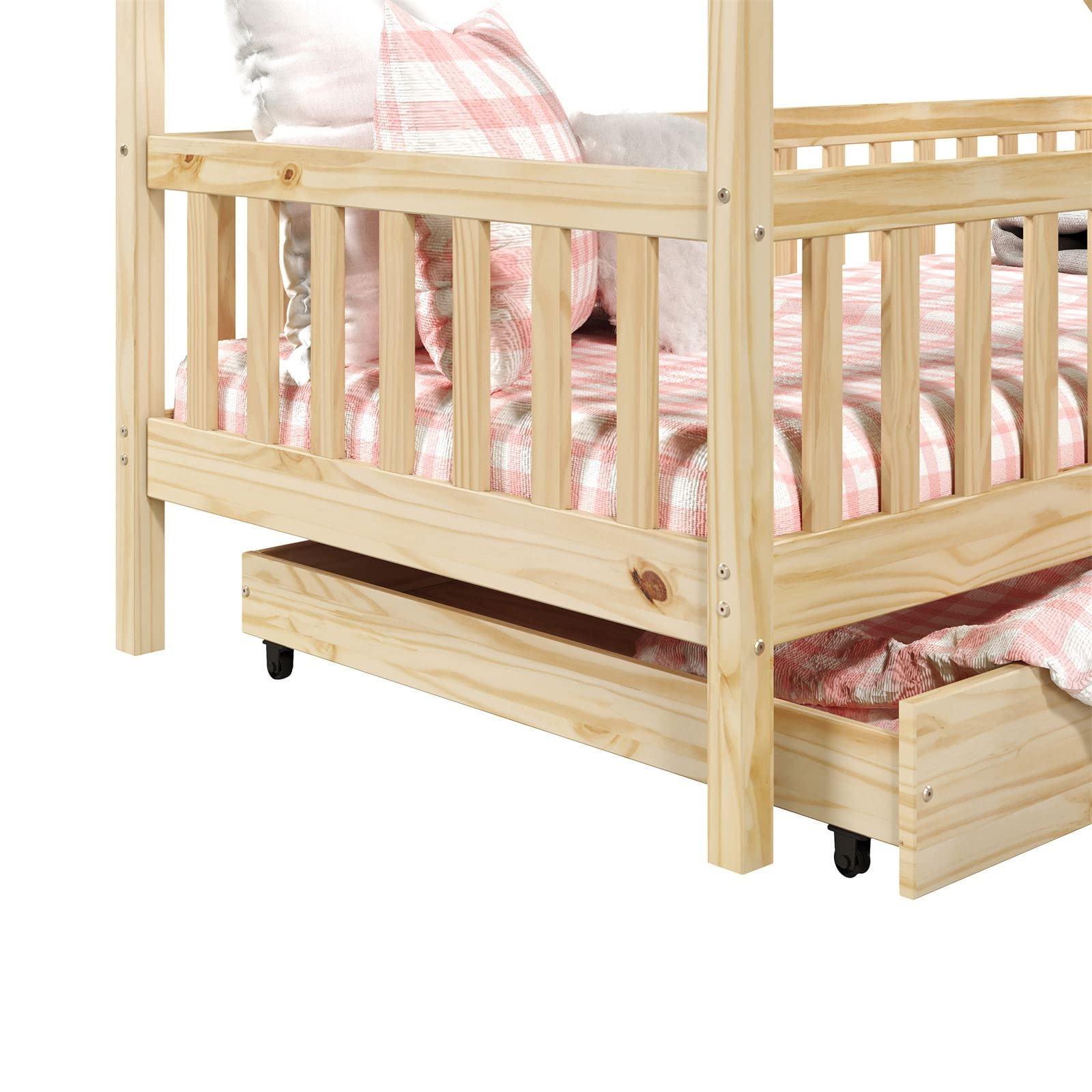 IDIMEX Hausbett ALVA aus Kiefer Massivholz, Natur - Kinderbett mit Dach, Tipibett mit Schubladen, Kinderzimmer Bett, Bodennahes Bett Montessori, ideal für Dachschrägen